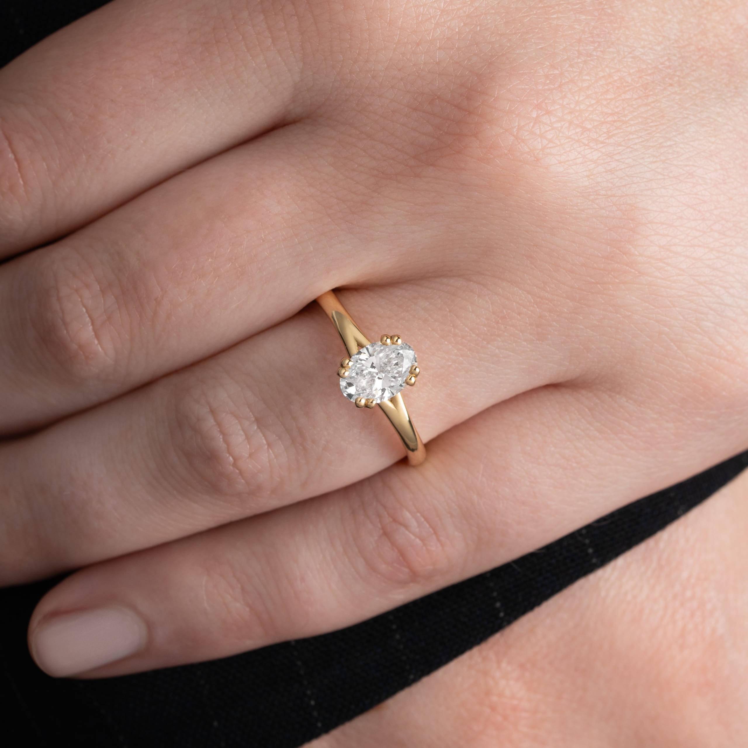 Oval lab grown diamond hidden halo engagement ring — 4