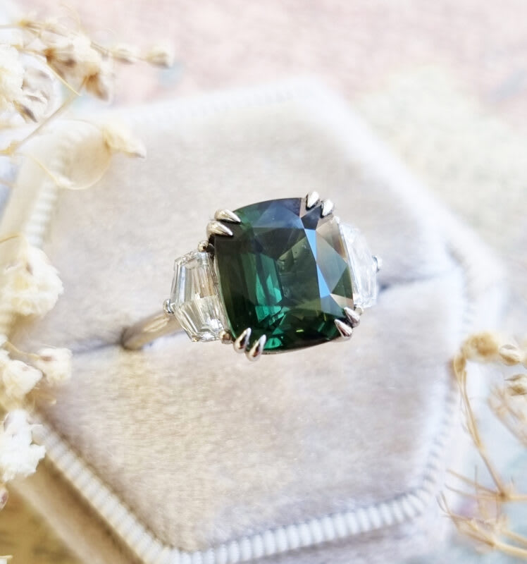Cushion cut forest green sapphire and diamond trilogy ring — 2