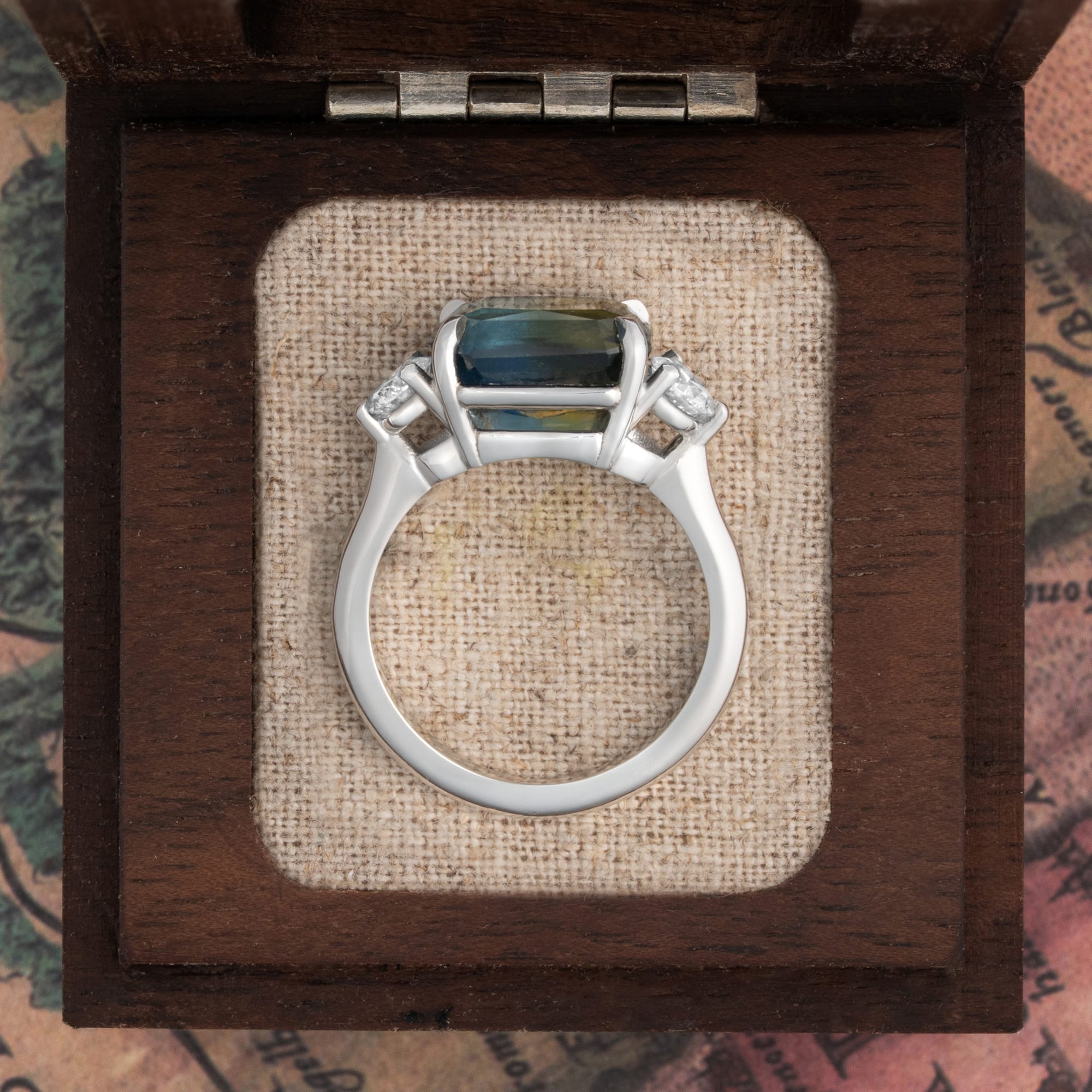 Octagon Bi colour sapphire and diamond trilogy ring  — 6