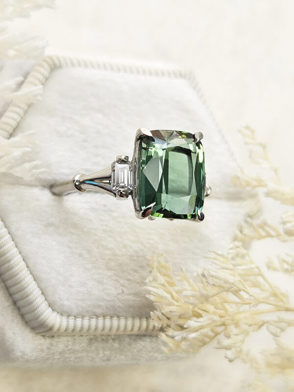 Cushion cut mint tourmaline and diamond antique inspired ring — 3