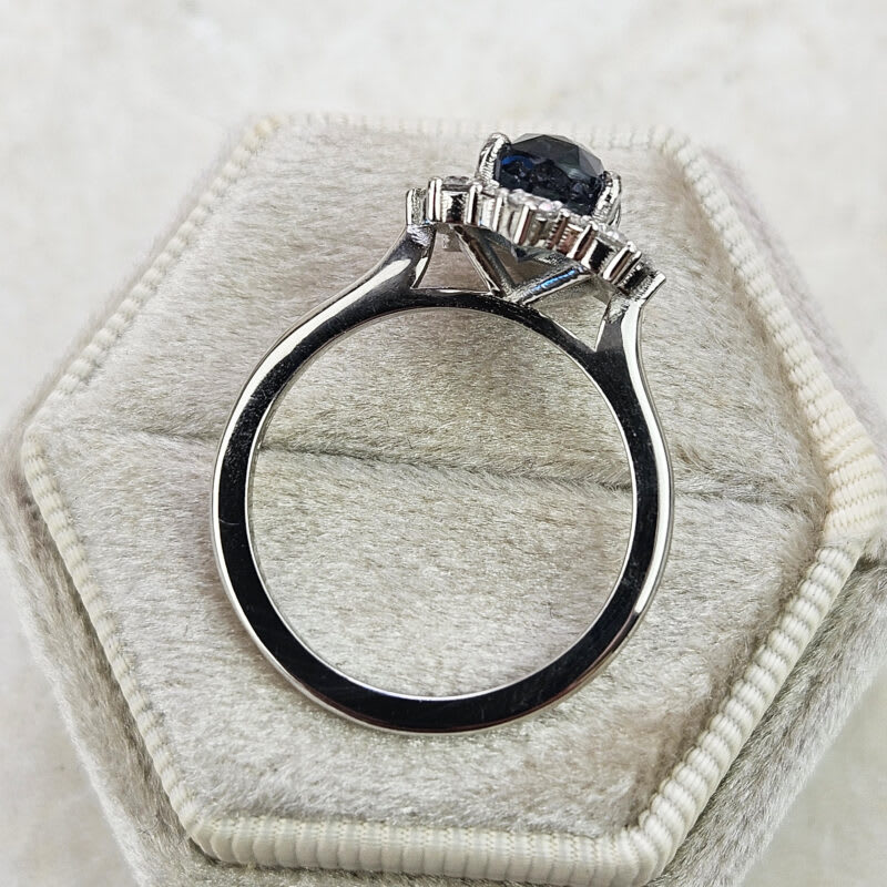 Deep smoky teal sapphire and diamond halo ring — 2
