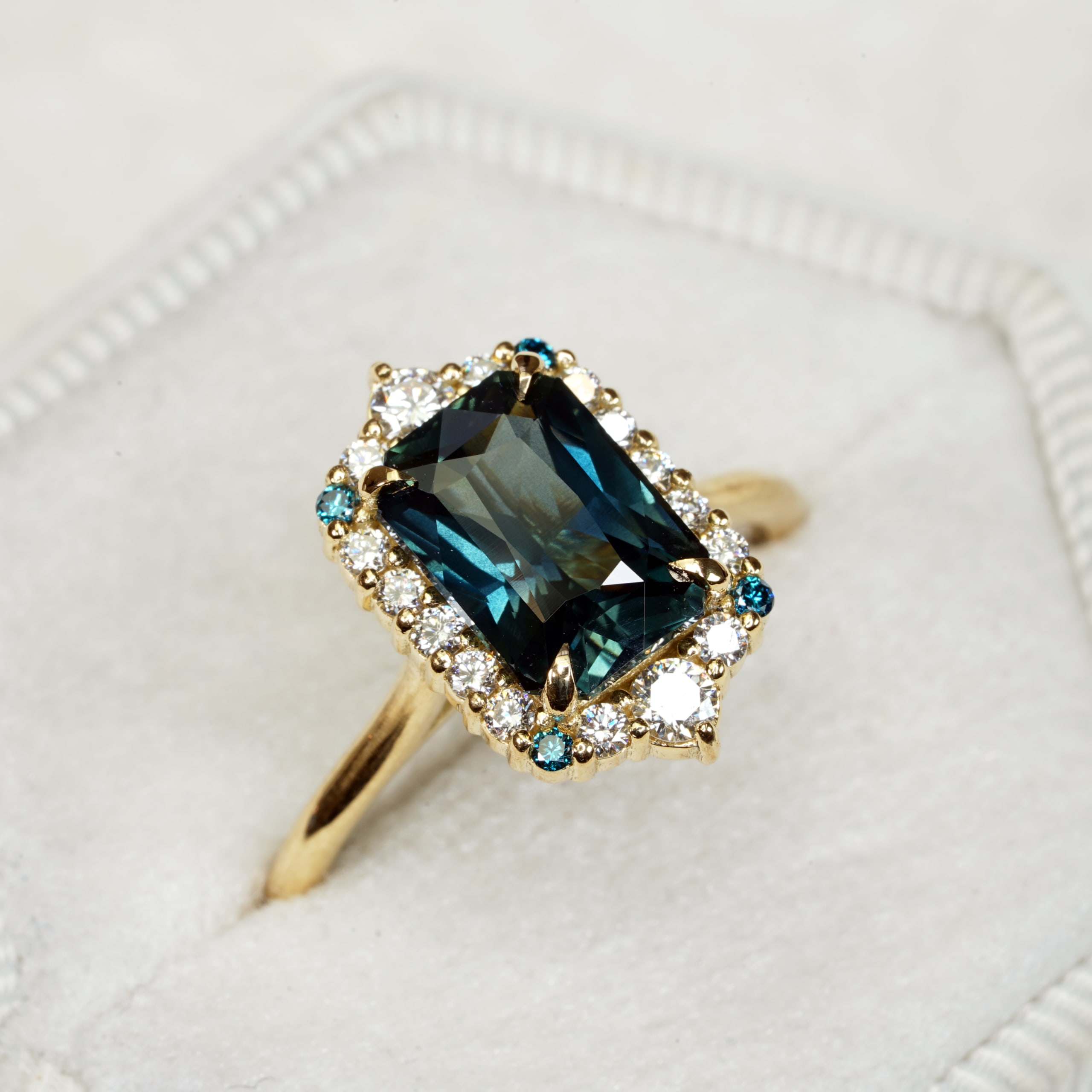 Radiant teal sapphire and diamond halo ring — 2