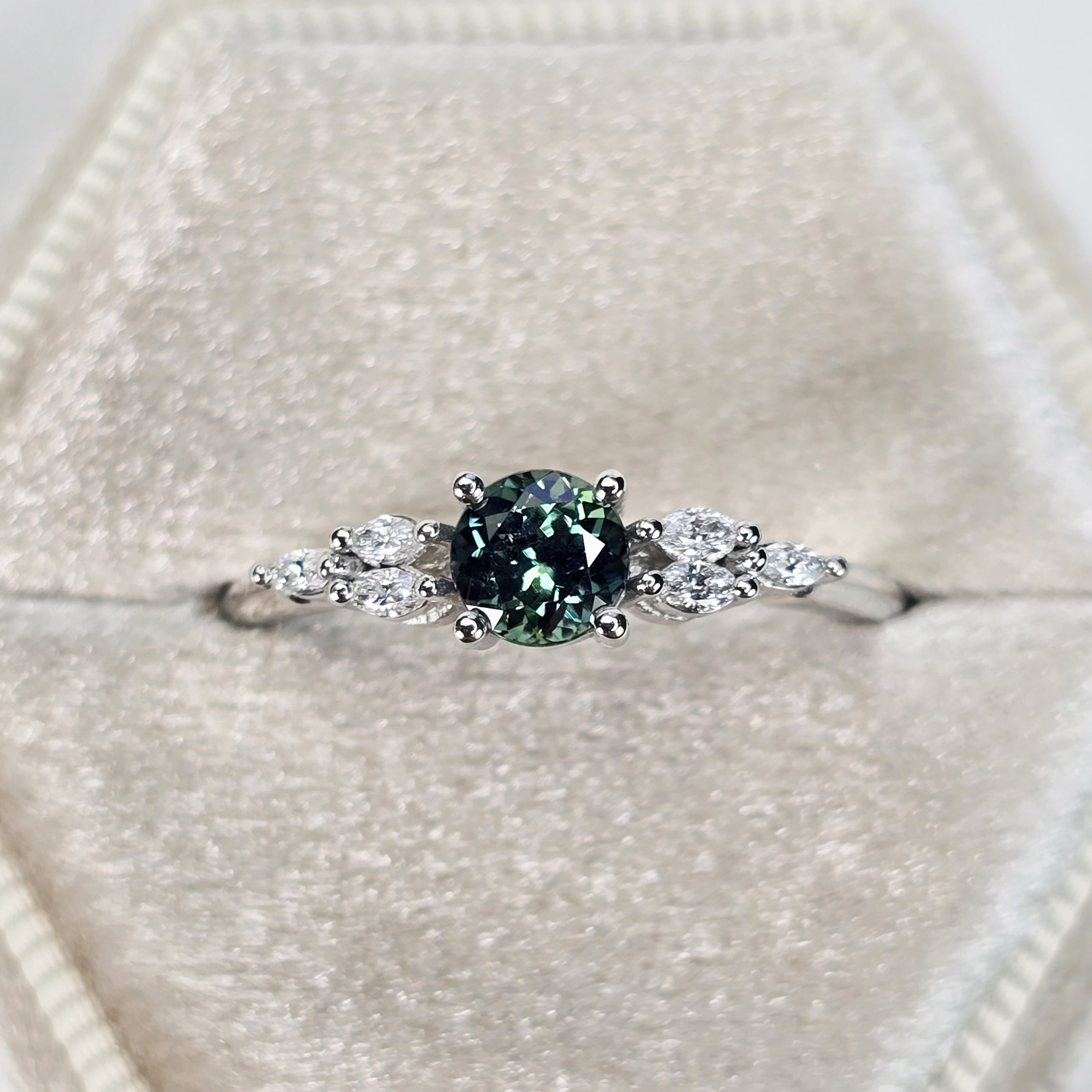 Precision teal sapphire and diamond ring — 1