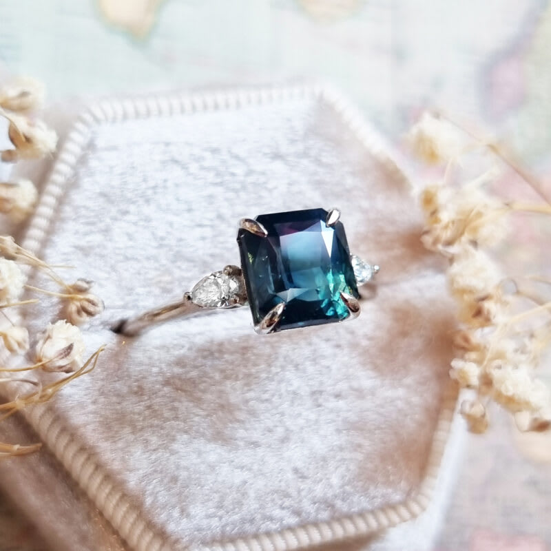 Emerald cut teal sapphire and pear diamond trilogy ring — 3