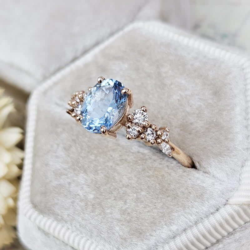 'Hazel' Aquamarine and diamond floral ring in 18ct rose gold — 5