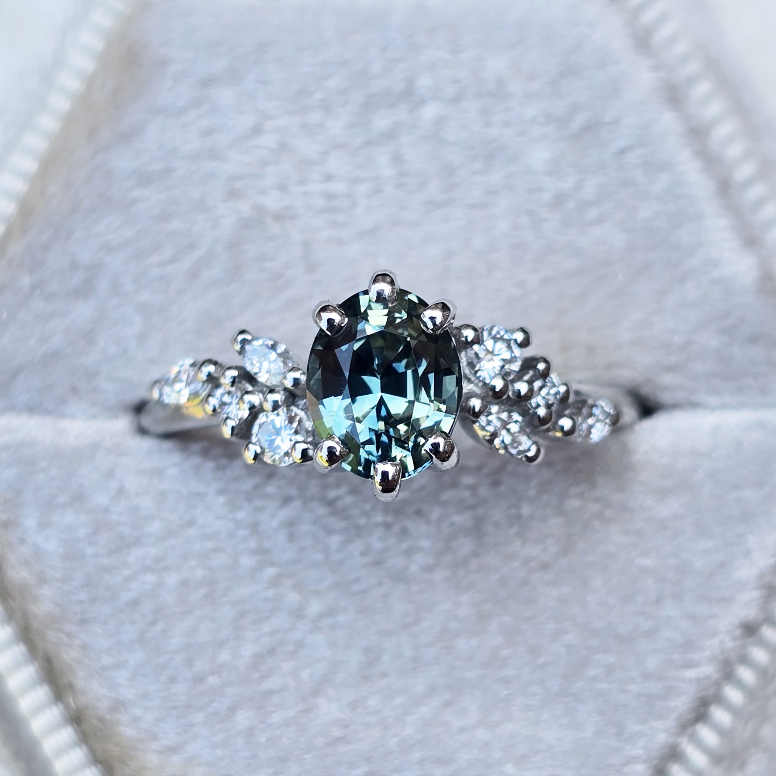 Icy teal sapphire and lab grown diamond floral ring — 1