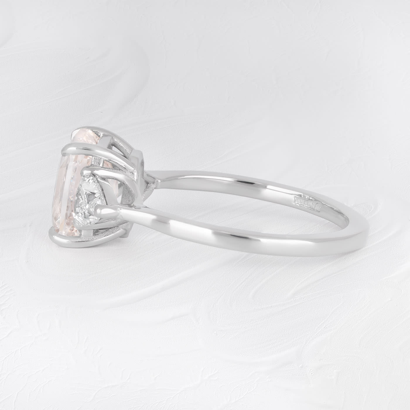 Emerald cut peach sapphire and trillion diamond ring — 2