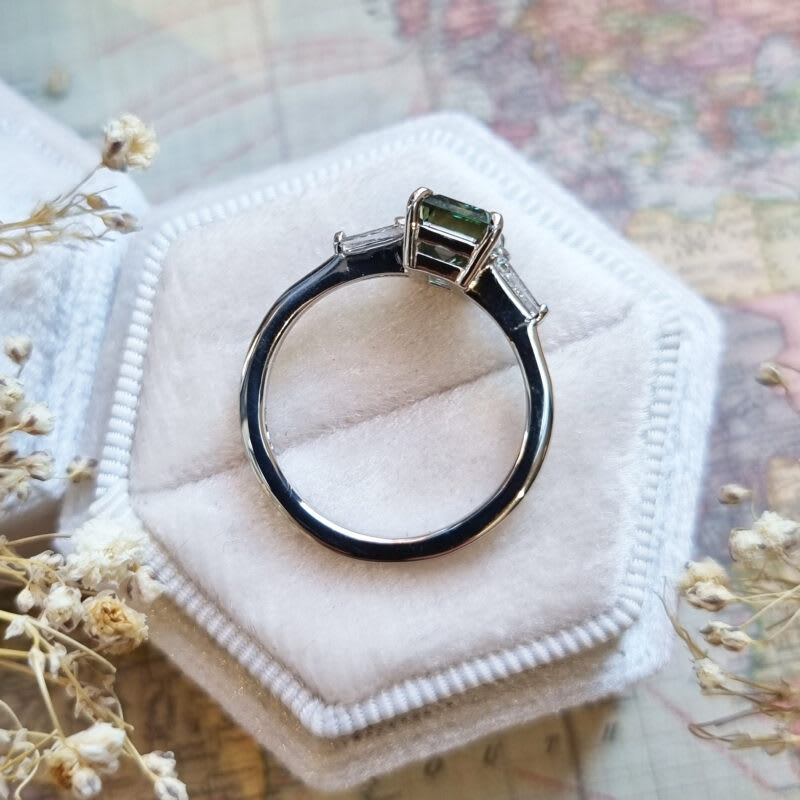 Lab grown forest green diamond trilogy ring in platinum — 3