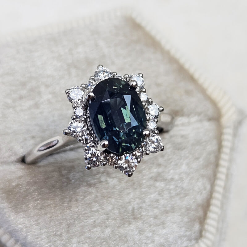 Deep smoky teal sapphire and diamond halo ring — 4