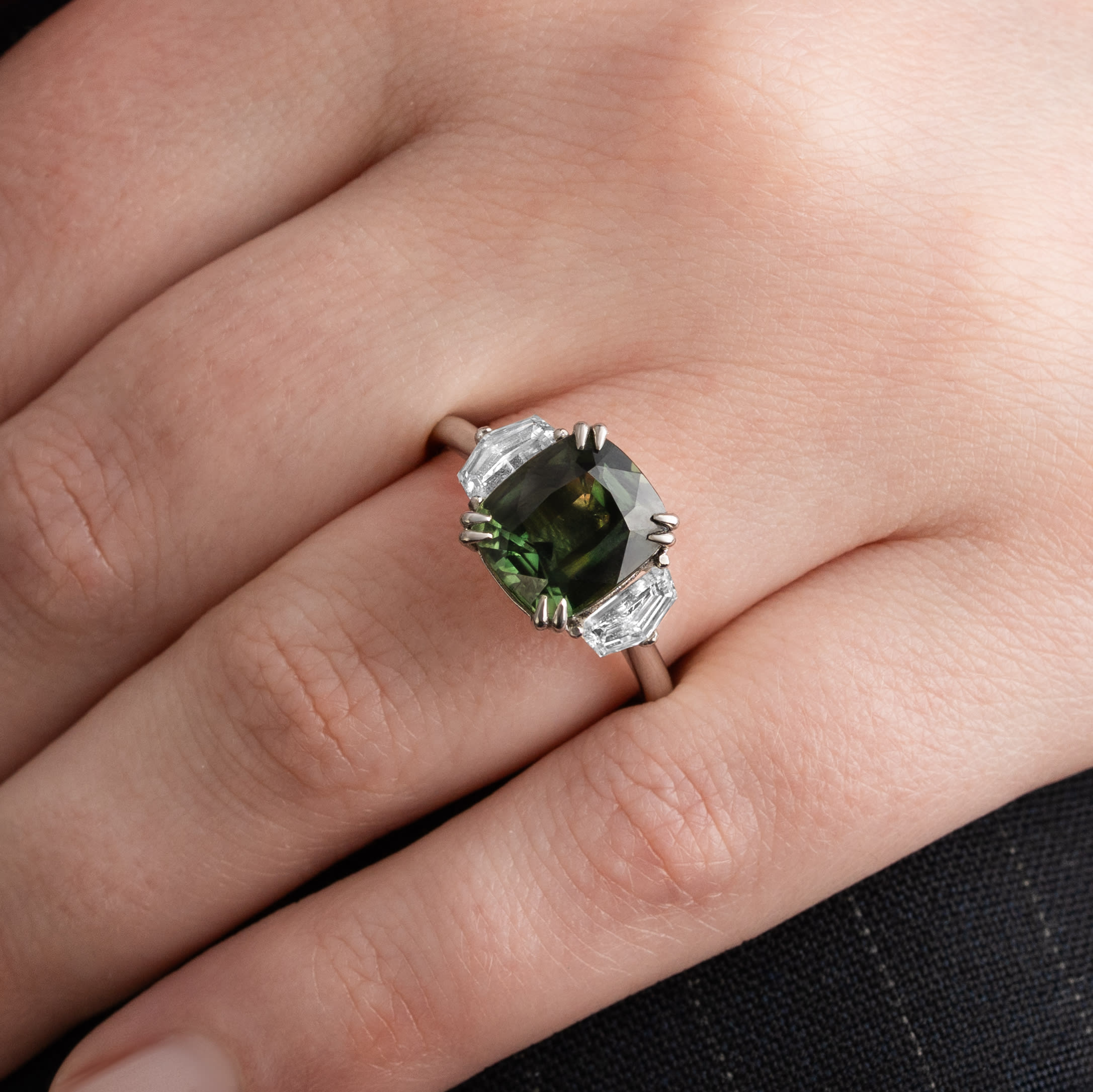Cushion cut forest green sapphire and diamond trilogy ring — 6