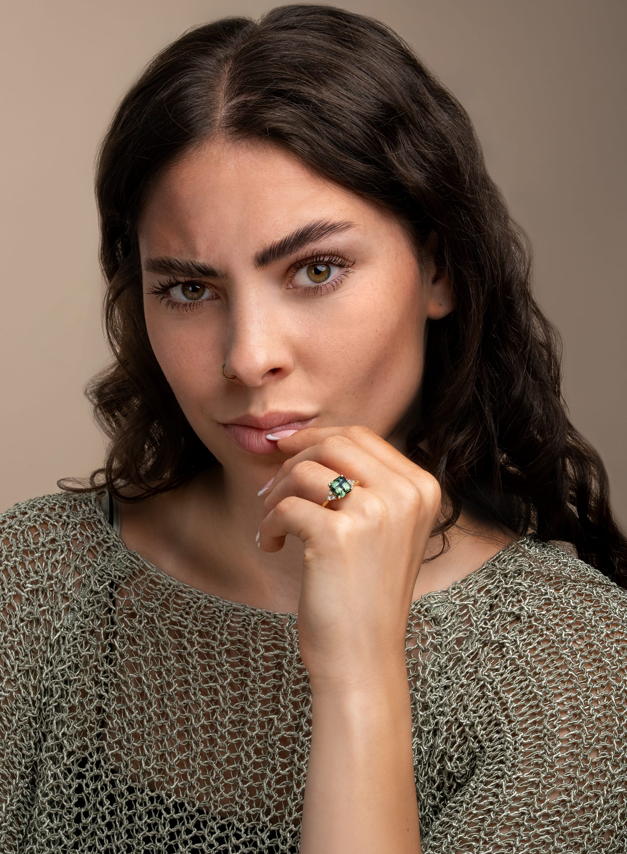 Emerald cut green sapphire and diamond ring - alternate view