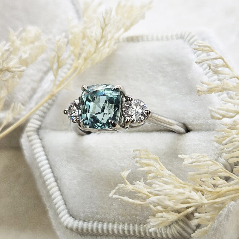 Cushion cut icy blue tourmaline and diamond trilogy ring — 2