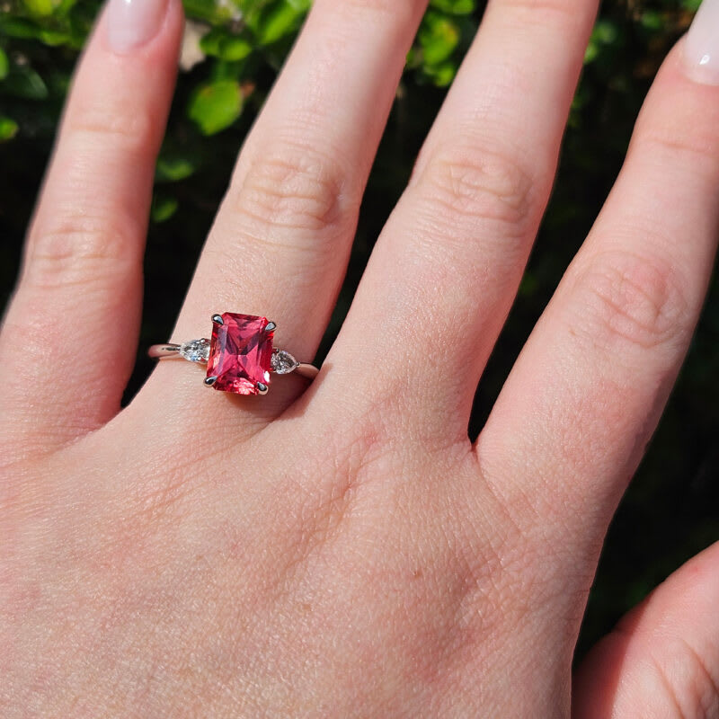 Radiant padparadscha sapphire and diamond trilogy ring - alternate view