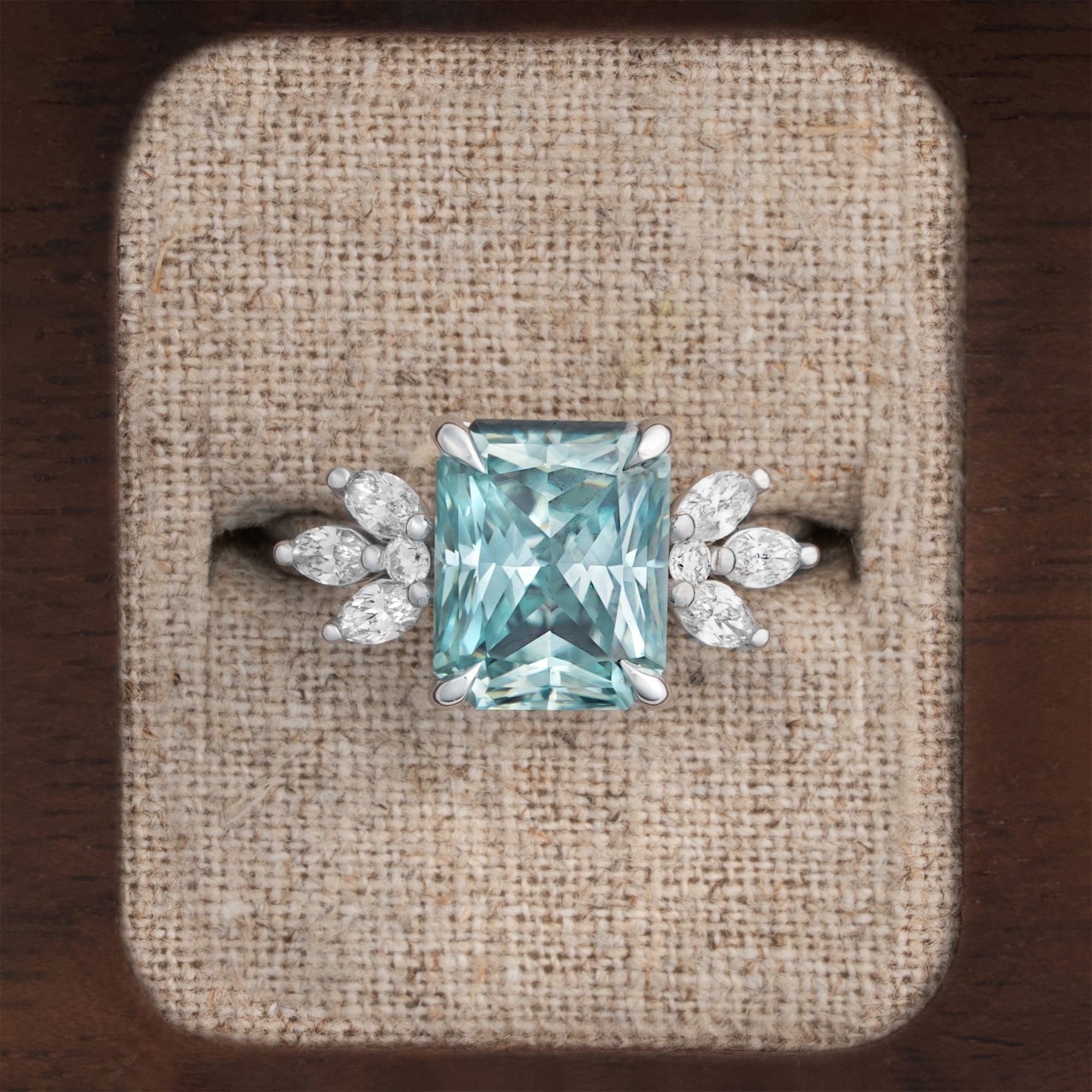 Radiant blue moissanite and diamond floral ring — 1