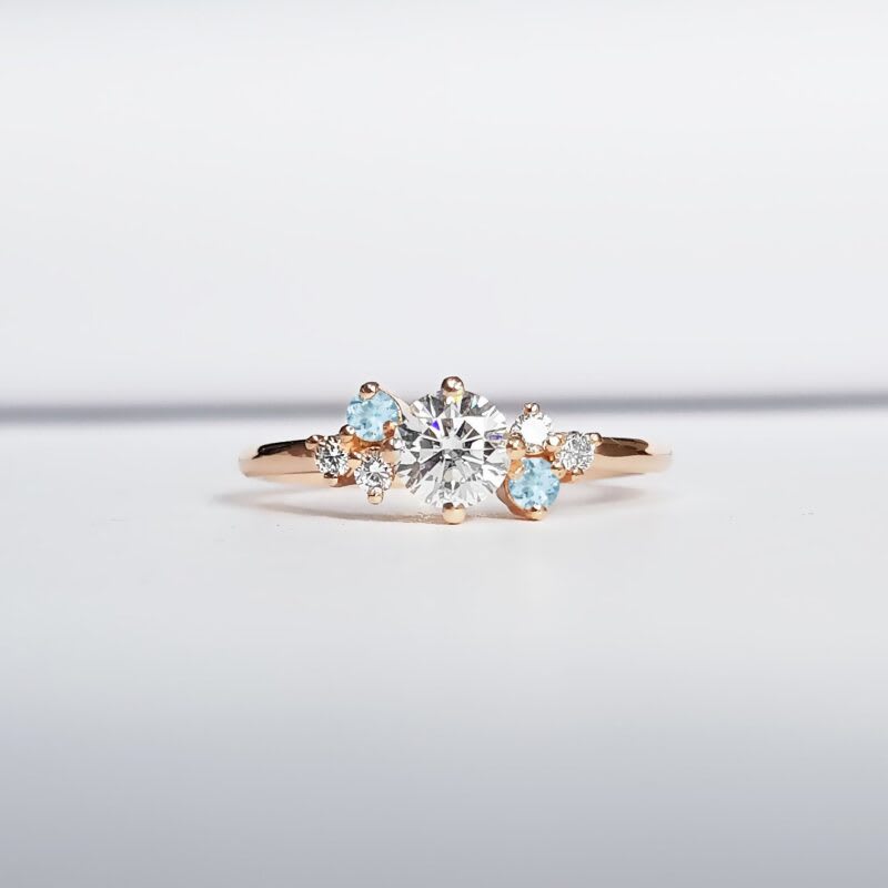 Moissanite, aquamarine and diamond cluster engagement ring  — 1