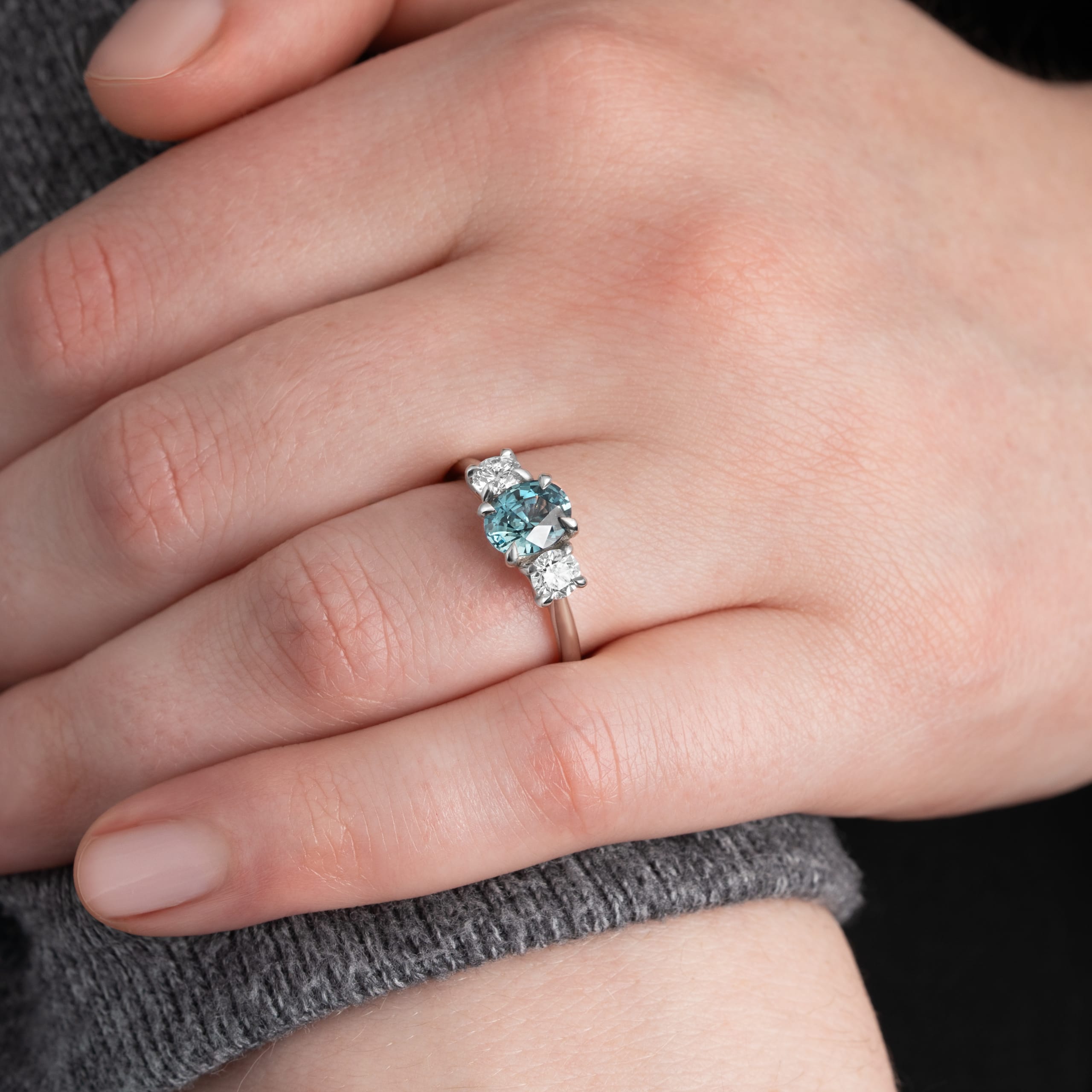 Ocean teal sapphire and diamond trilogy ring — 4