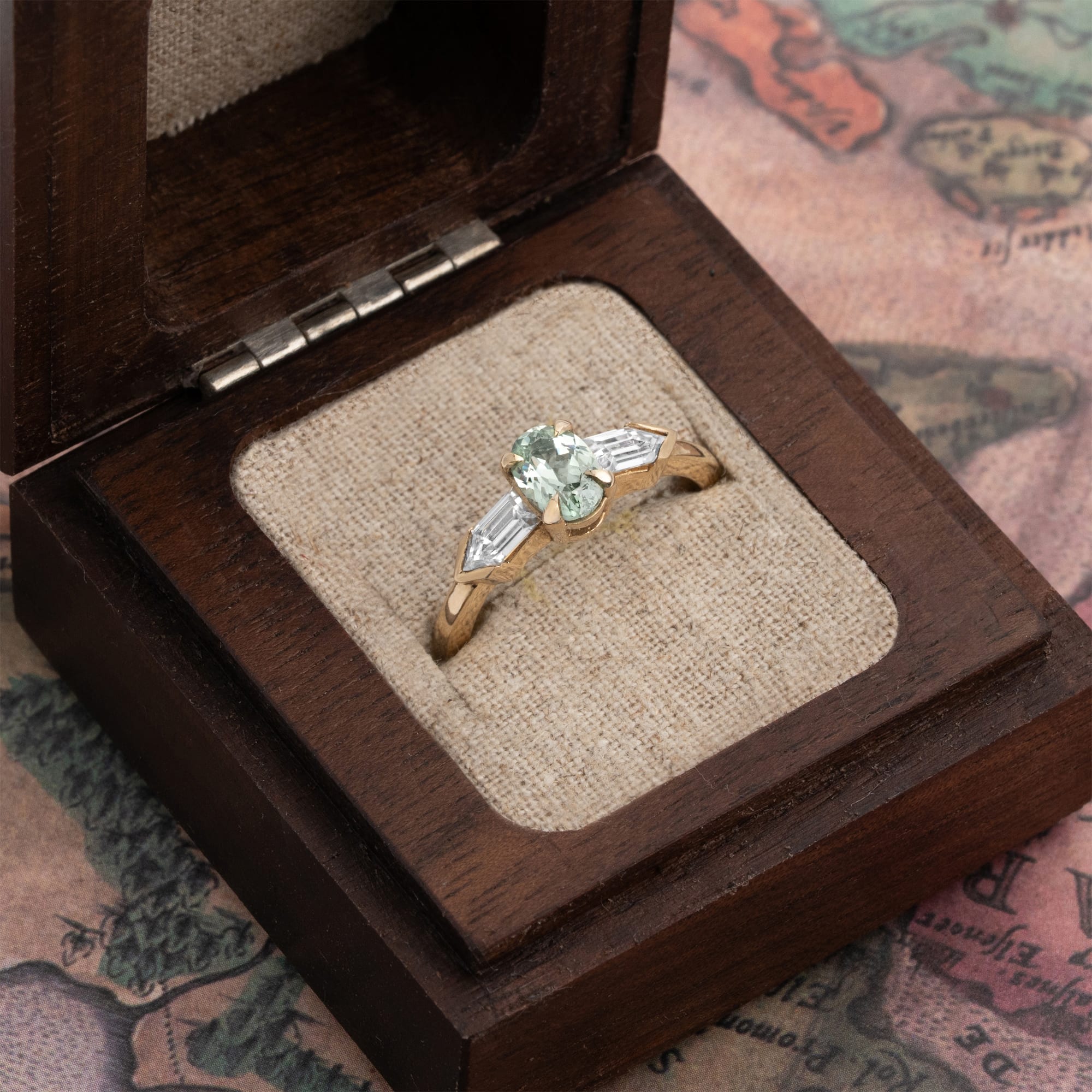 Seafoam sapphire and moissanite trilogy ring — 3