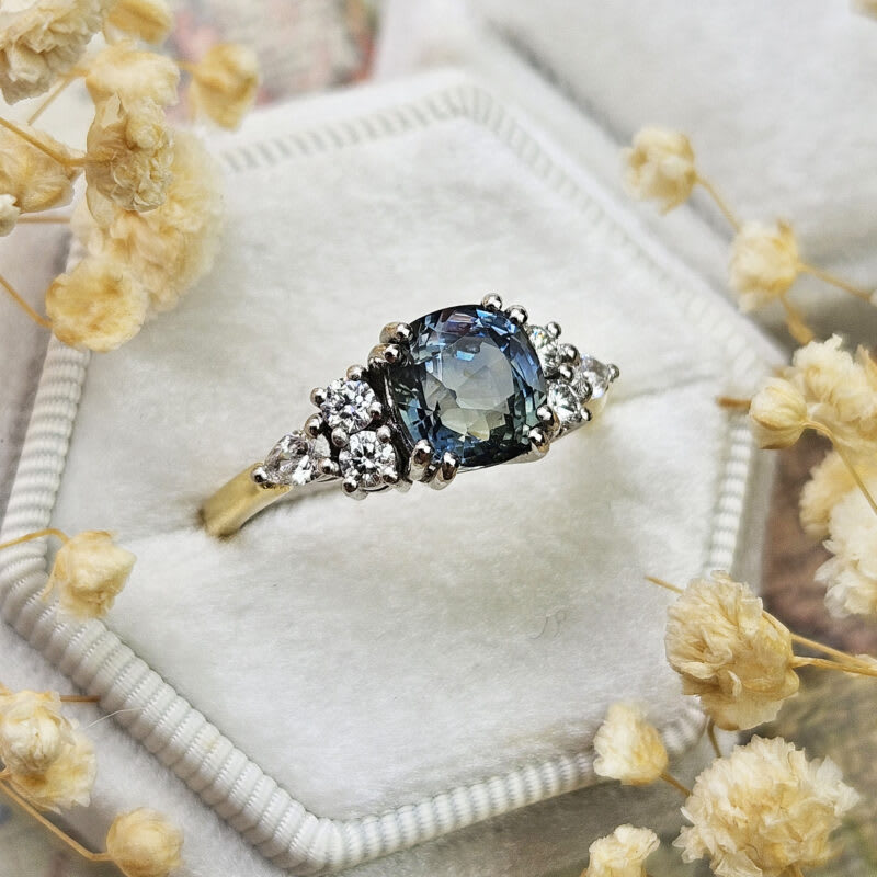 Cushion cut teal sapphire and lab grown diamond ring — 3