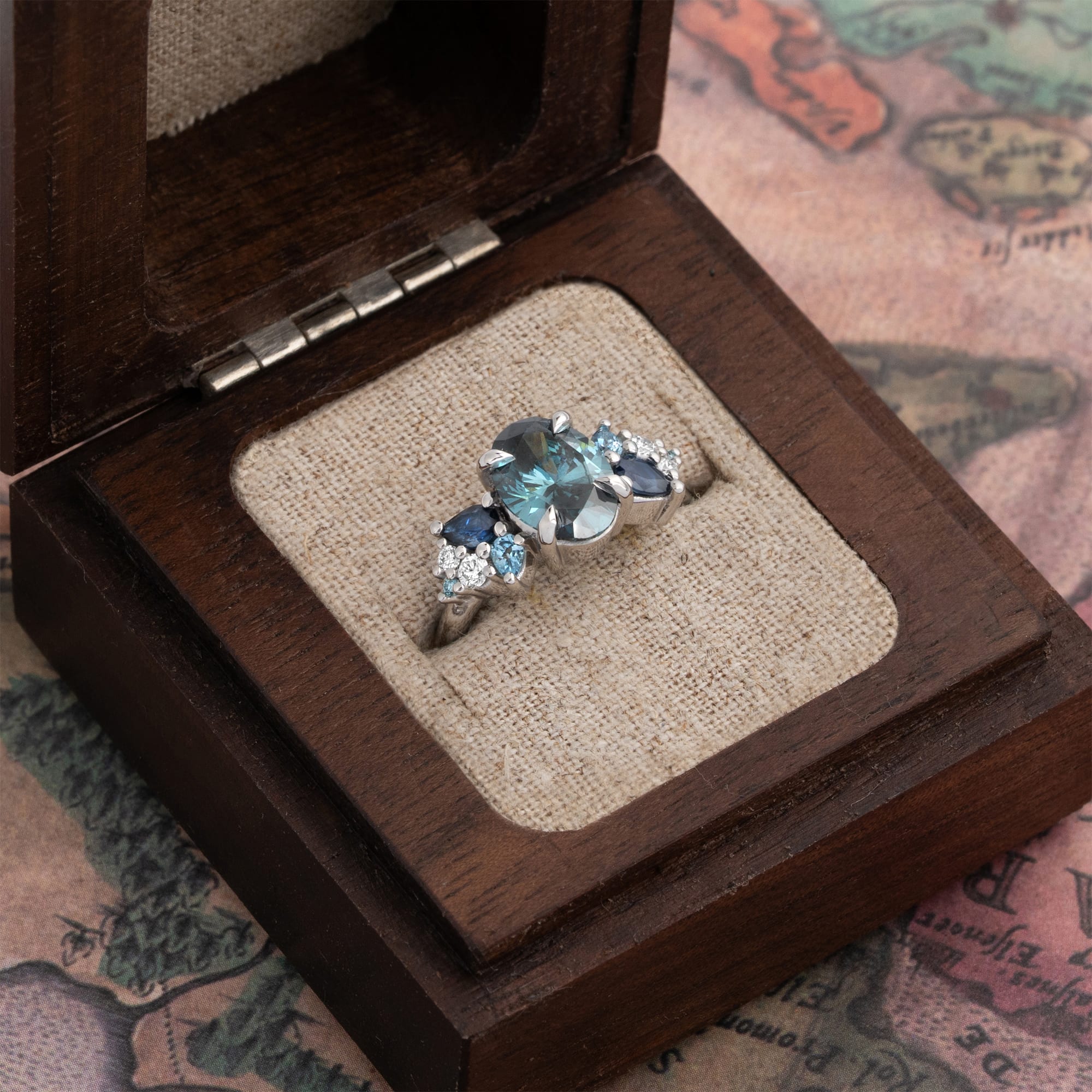 'Wildflower' Deep teal diamond, sapphire and aquamarine ring — 2