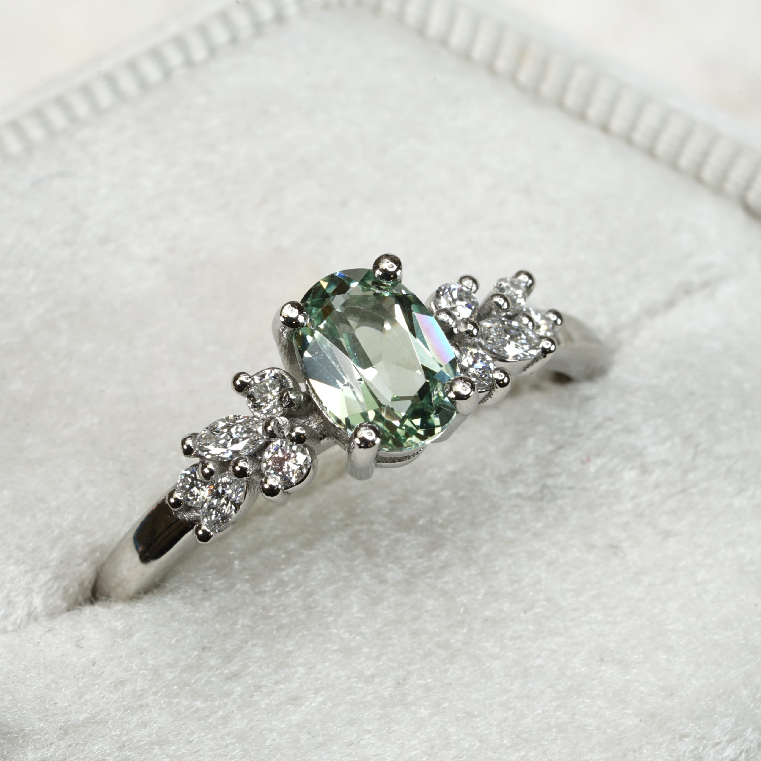 Lab seafoam green sapphire and diamond ring — 3