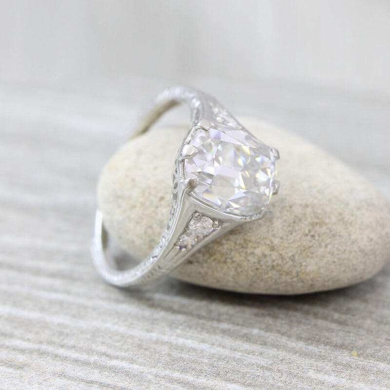 Cushion Cut Moissanite and Diamond Art Deco Engagement Ring — 4