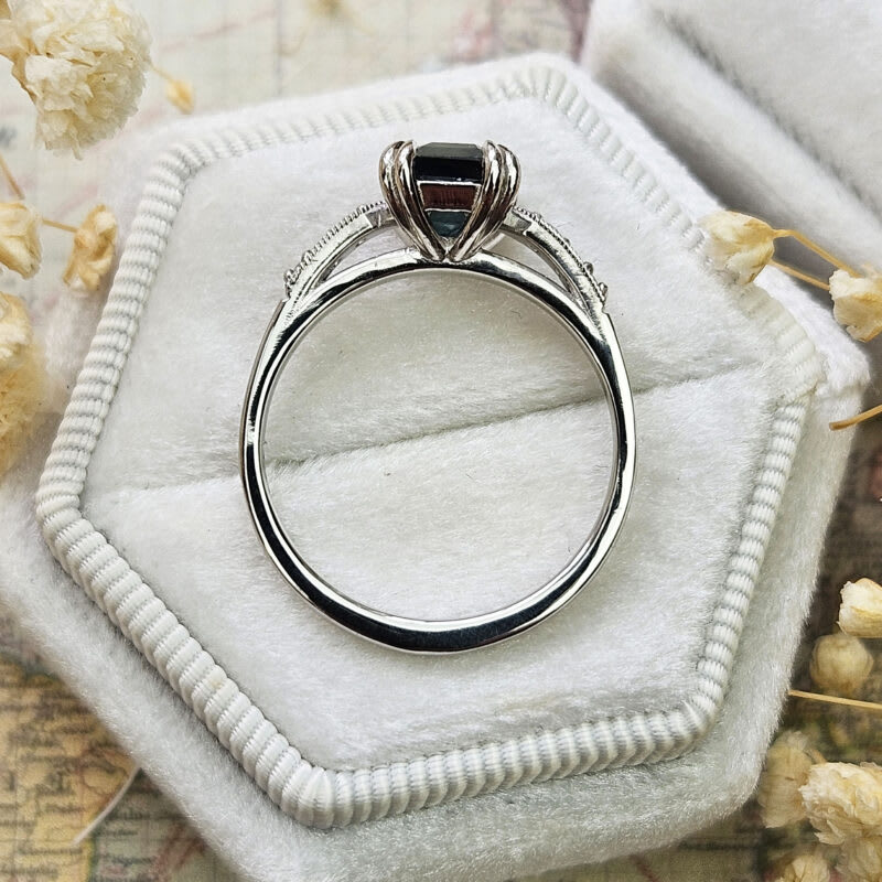 Emerald cut deep teal sapphire and diamond ring — 5