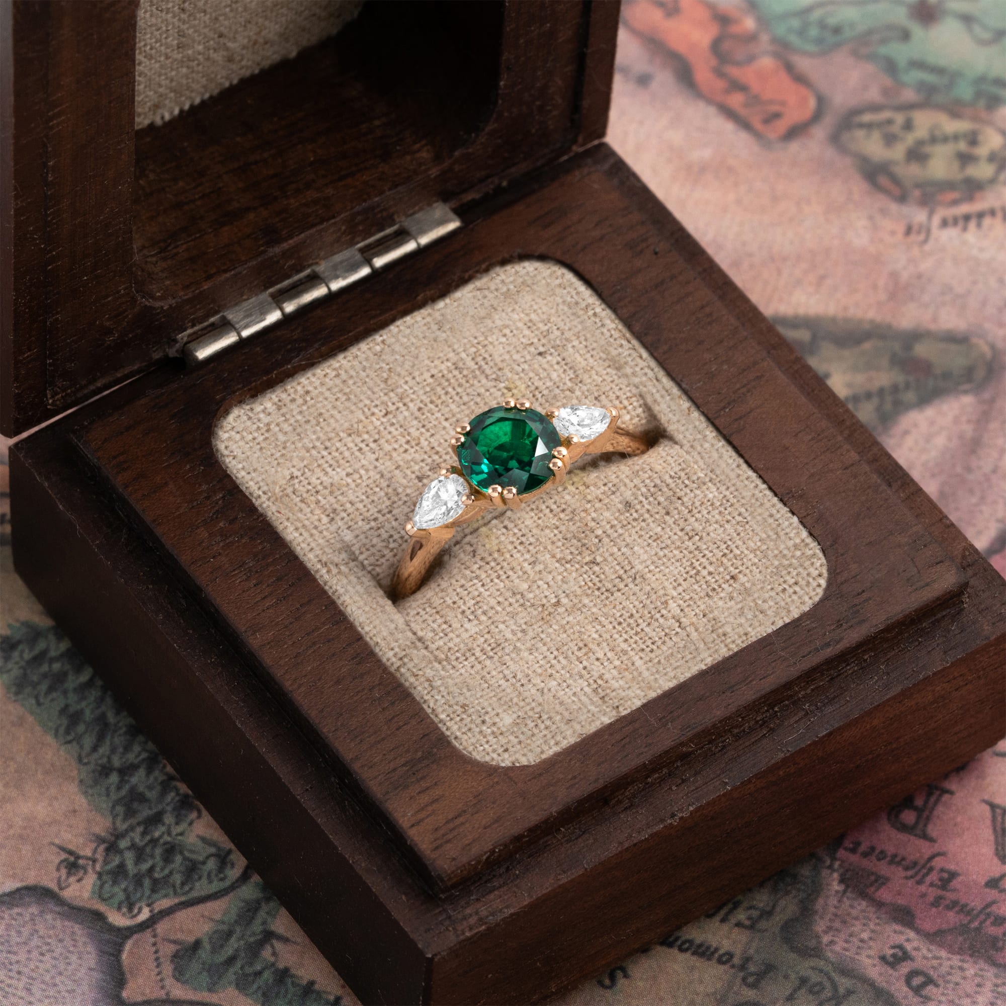 Lab emerald and pear diamond trilogy ring — 4