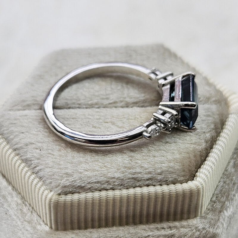 Emerald cut teal sapphire and diamond 5 stone ring — 2