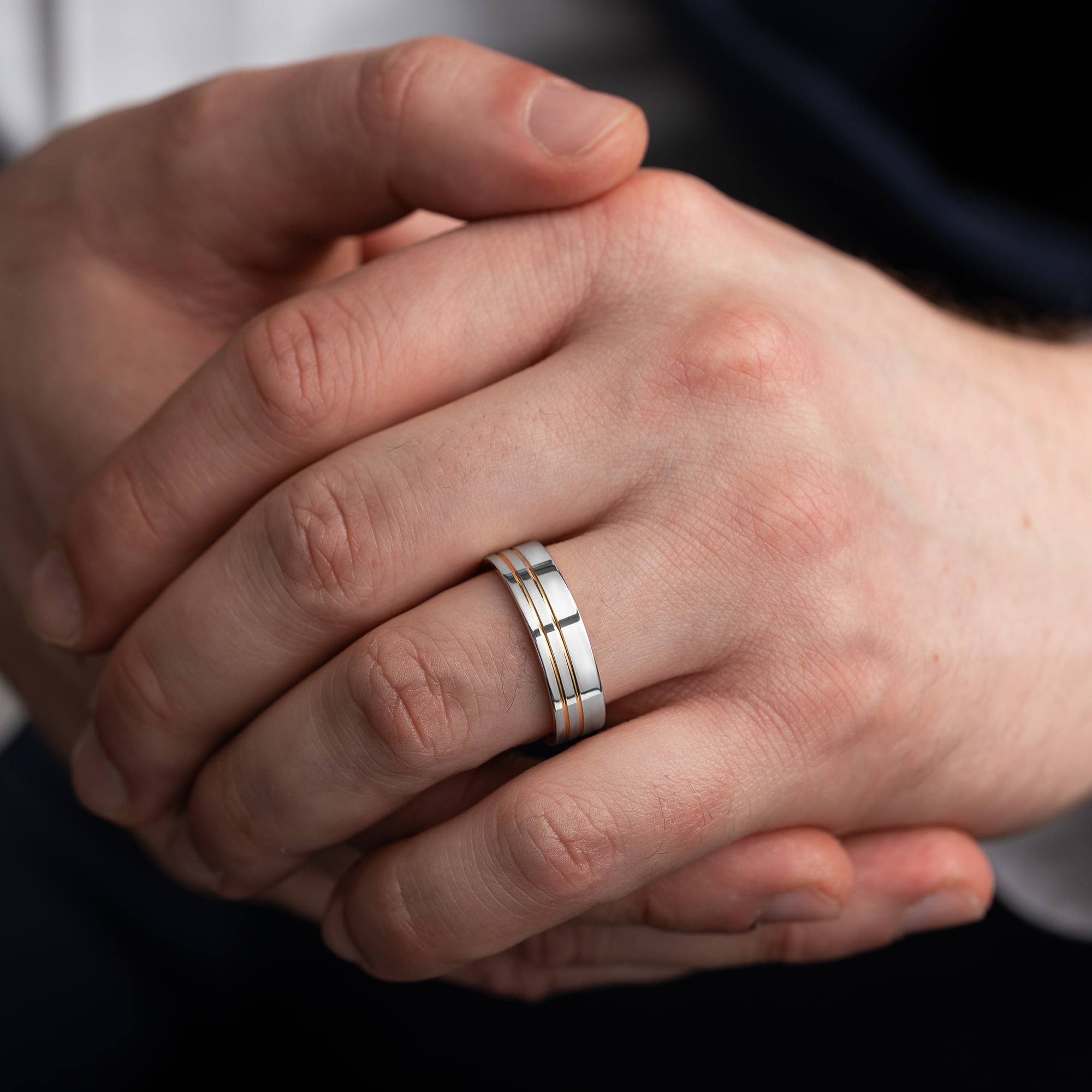 Two tone tramline wedding band 