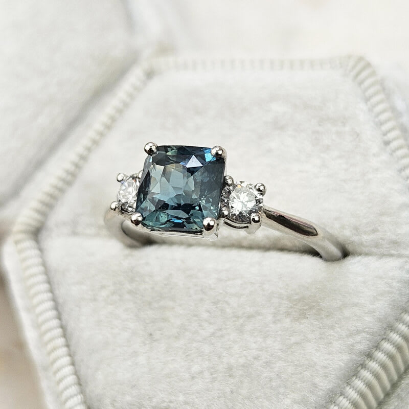 Radiant cut teal sapphire and diamond trilogy ring — 4