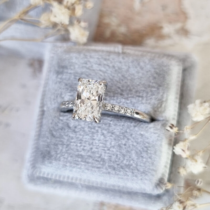 Radiant cut lab grown diamond hidden halo engagement ring — 3