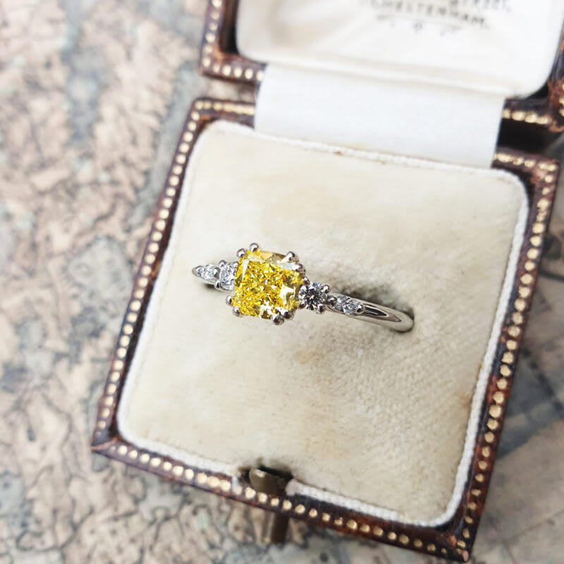 Cushion cut lab grown yellow diamond ring — 2