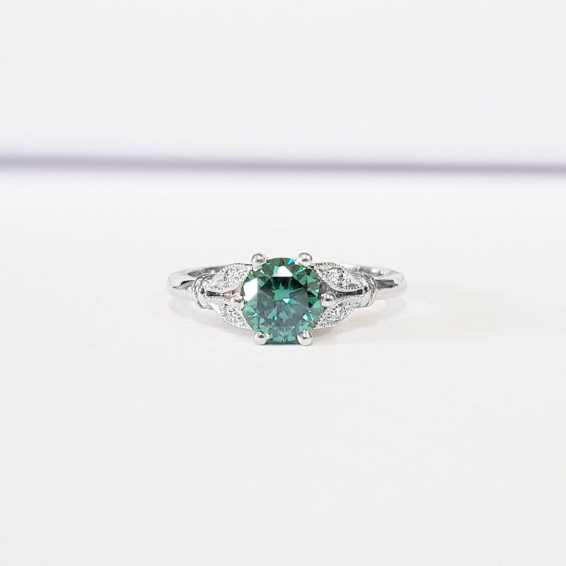 Teal Green Moissanite and Diamond Floral Engagement Ring — 1