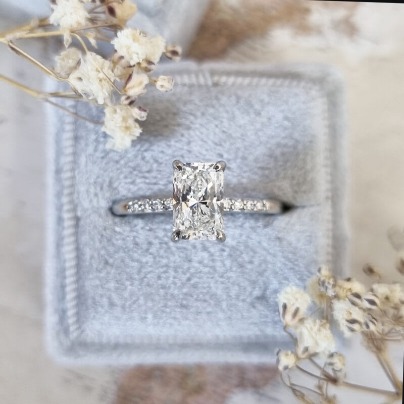 Radiant cut lab grown diamond hidden halo engagement ring — 1