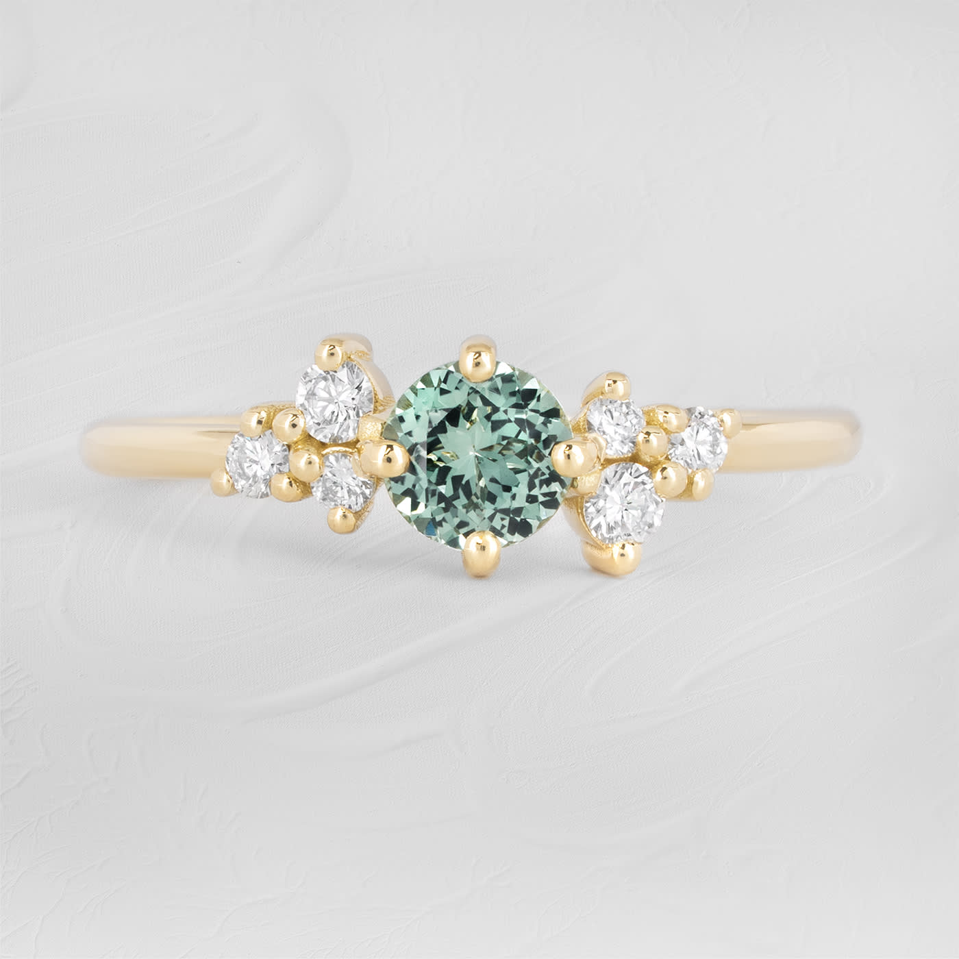 Precision seafoam green sapphire and diamond ring — 1
