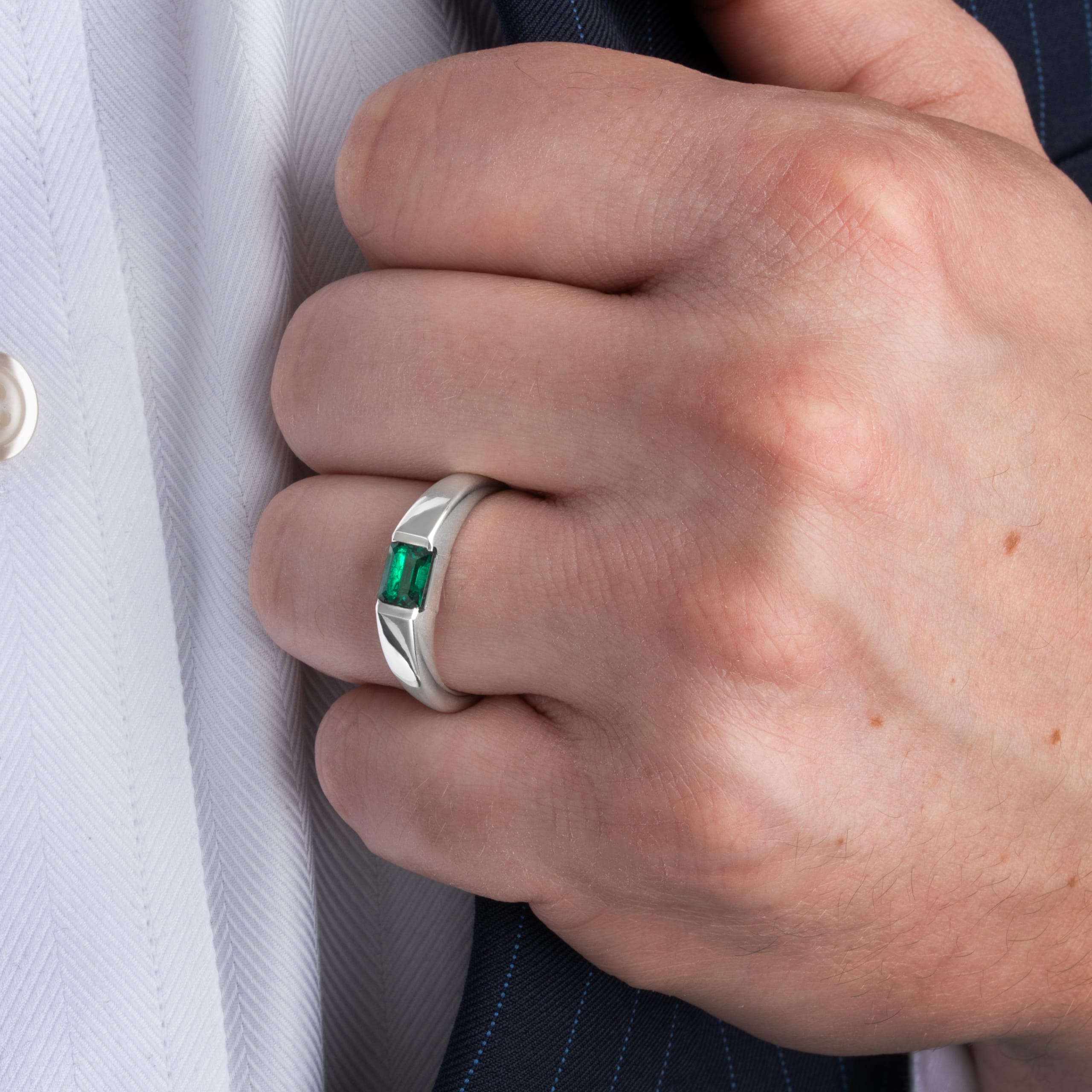 Channel set emerald tapered band — 6