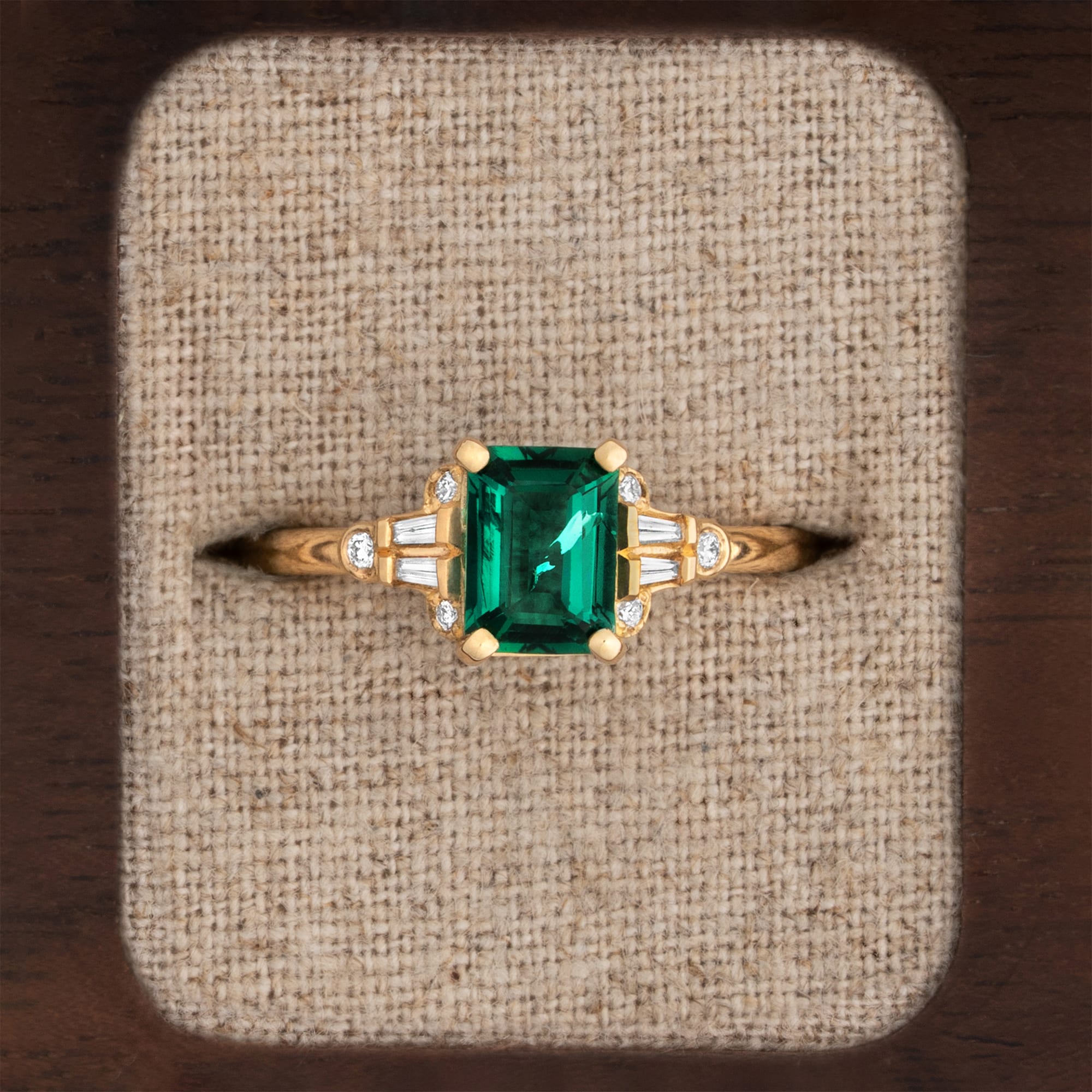 Emerald and diamond 1920s inspired engagement ring — 1