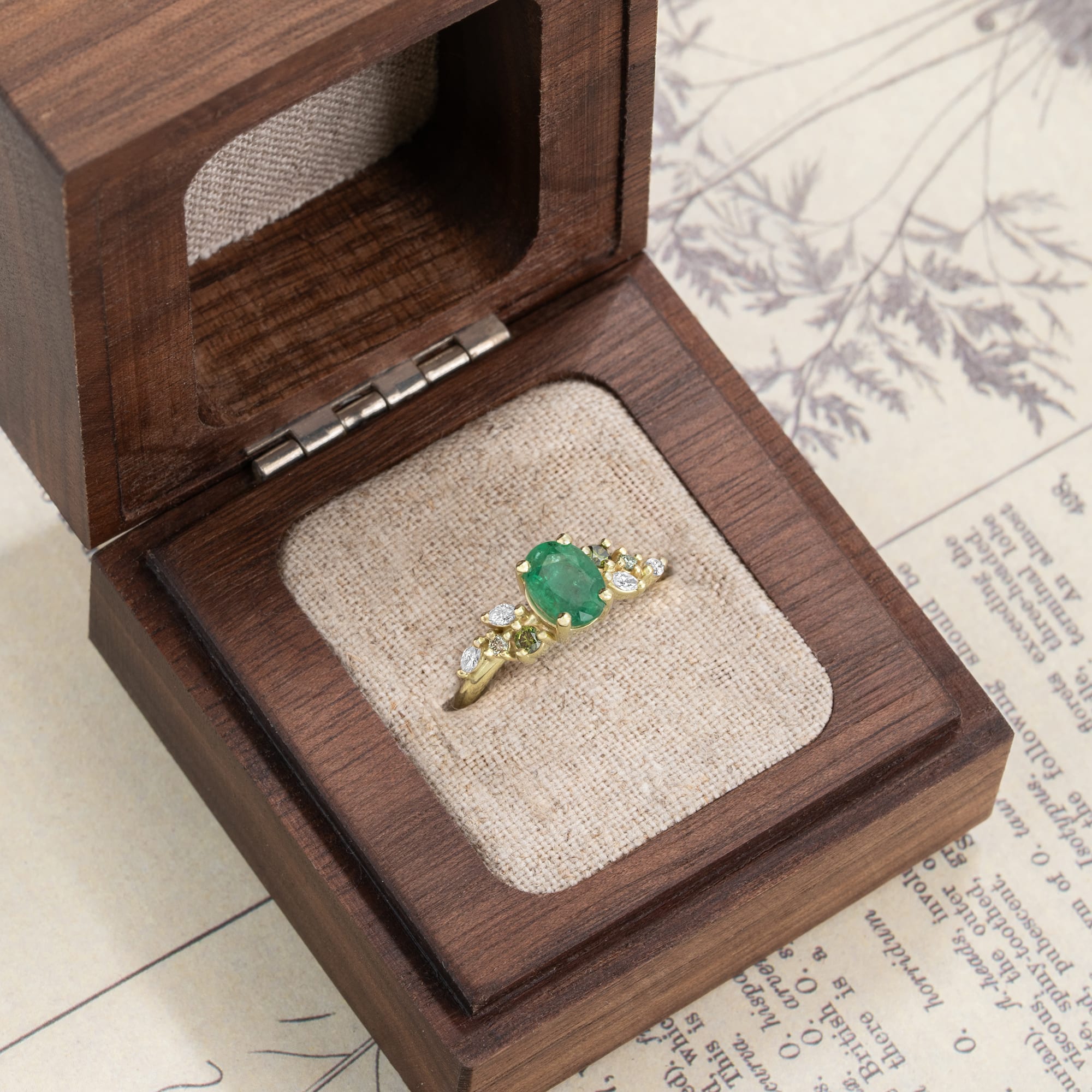 Emerald and diamond ring in green gold - alternate view