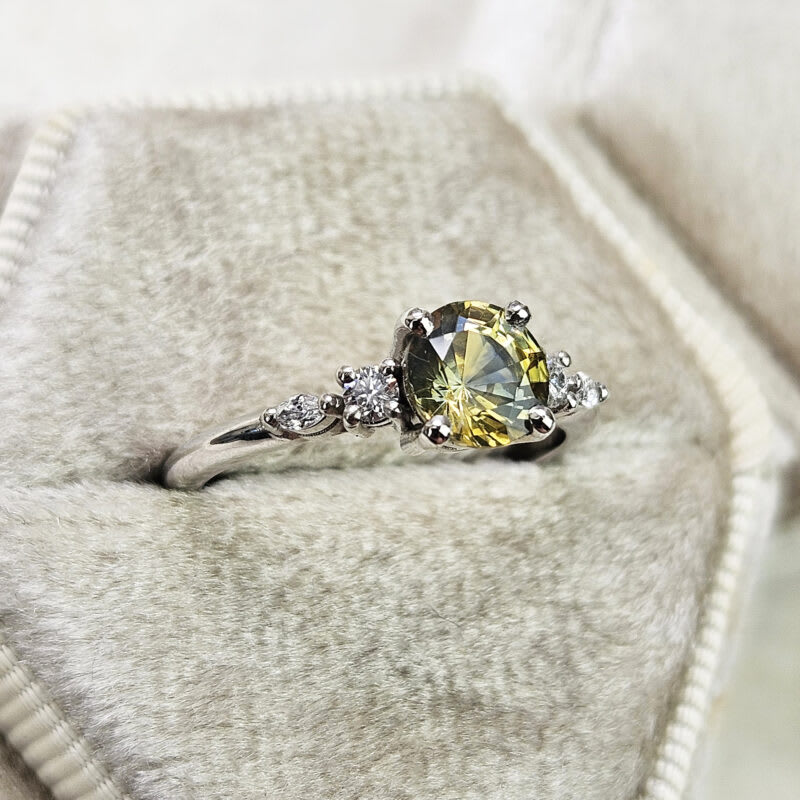 Greenish yellow sapphire and diamond 5 stone ring in platinum — 2