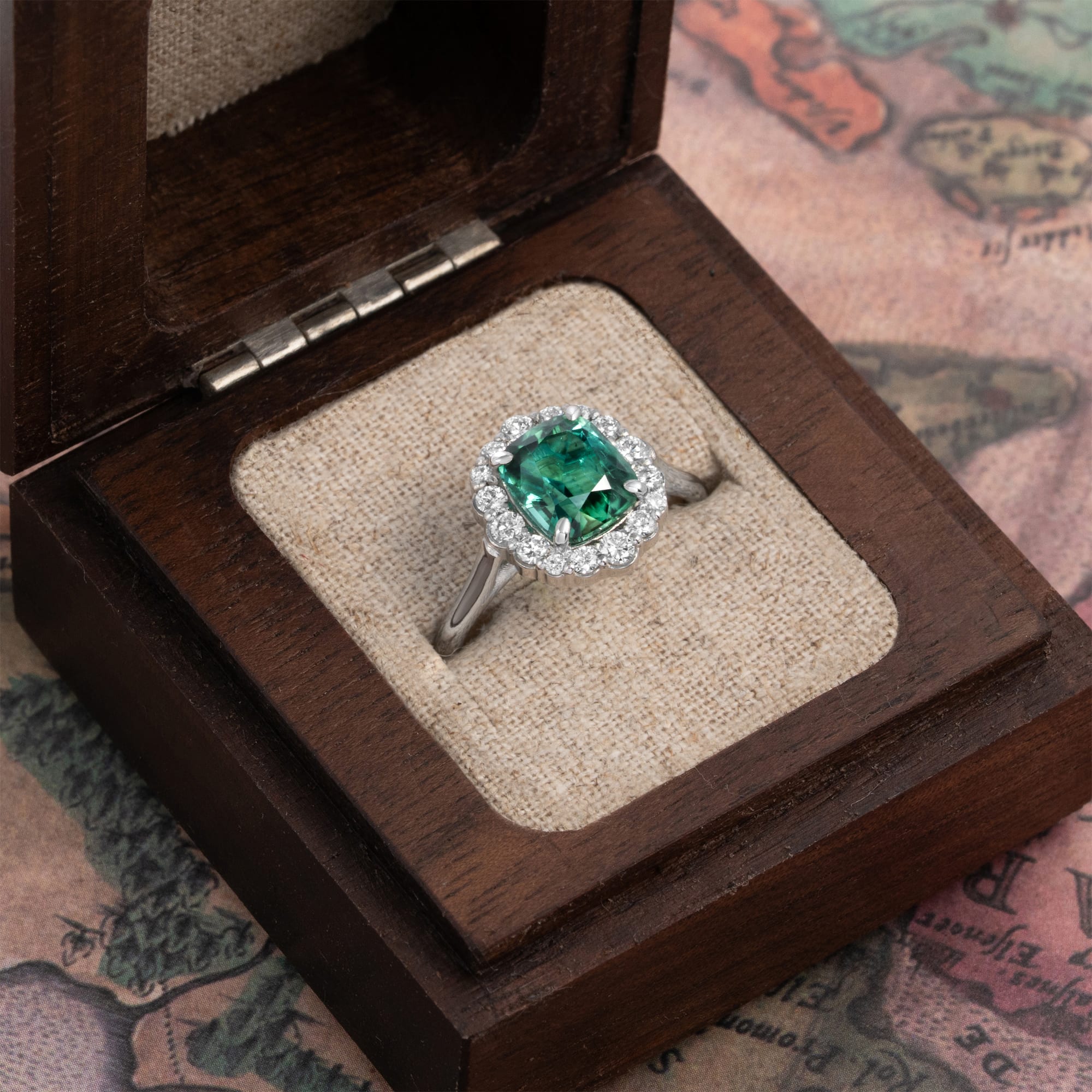 Cushion lagoon tourmaline and diamond halo ring — 2