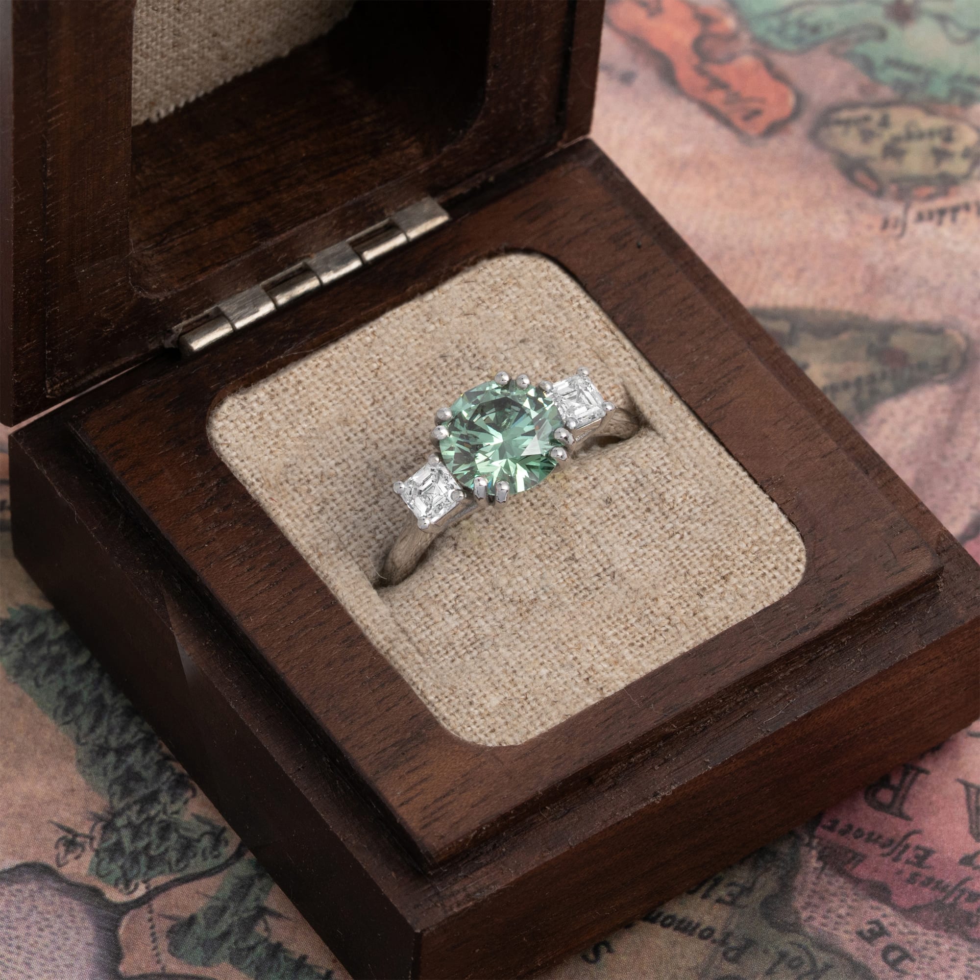 Lab grown green diamond trilogy ring in platinum — 3