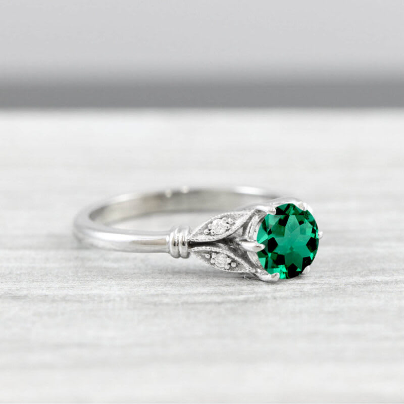 Lab grown emerald and diamond round engagement solitaire nature inspired leaf floral ring in gold handmade for her uk — 3