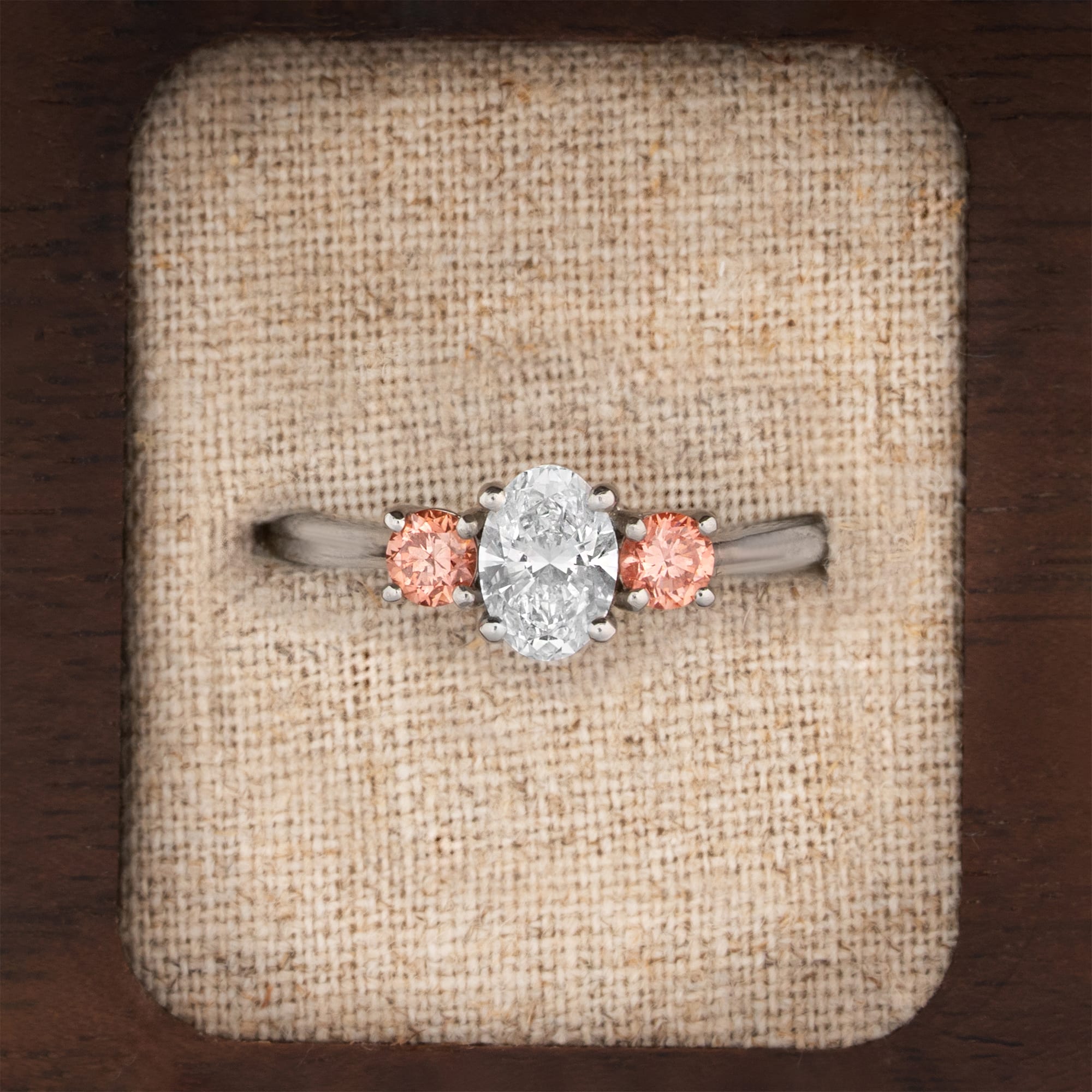 Lab grown champagne pink diamond trilogy ring in platinum — 1