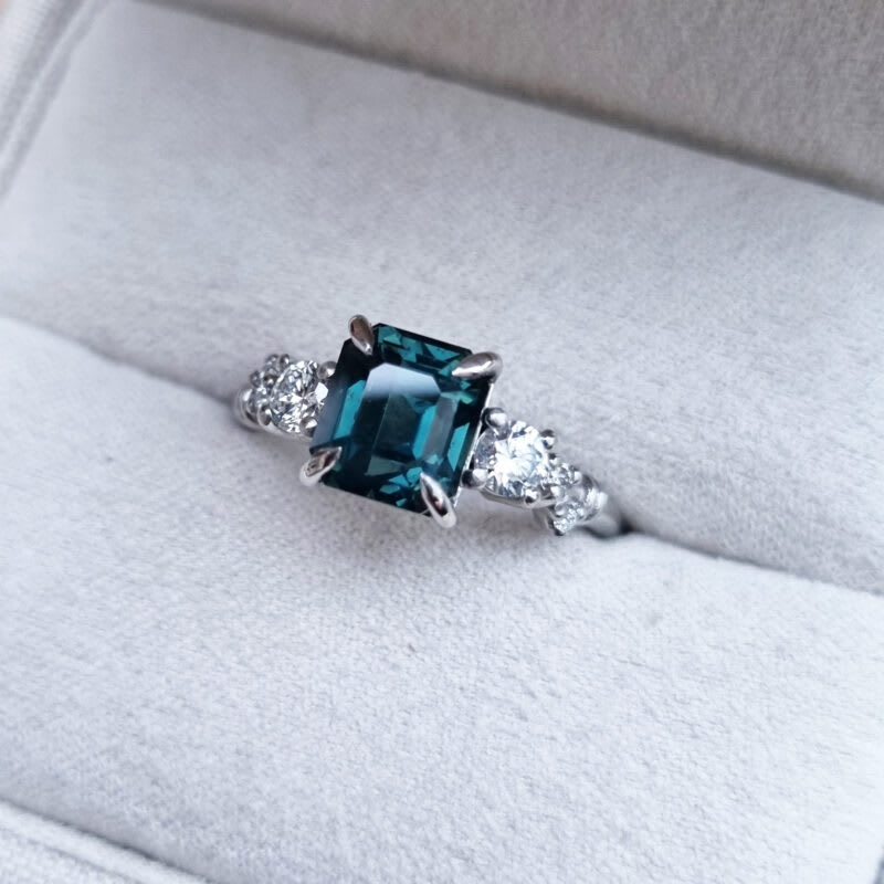 Emerald cut teal sapphire and diamond ring — 2