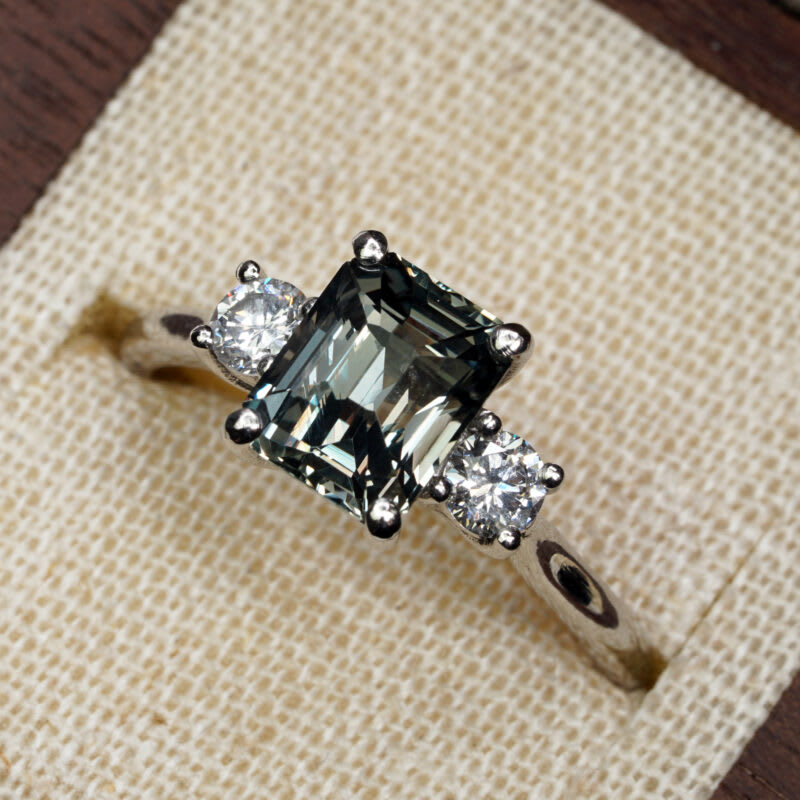 Steely seafoam green sapphire and diamond ring — 3