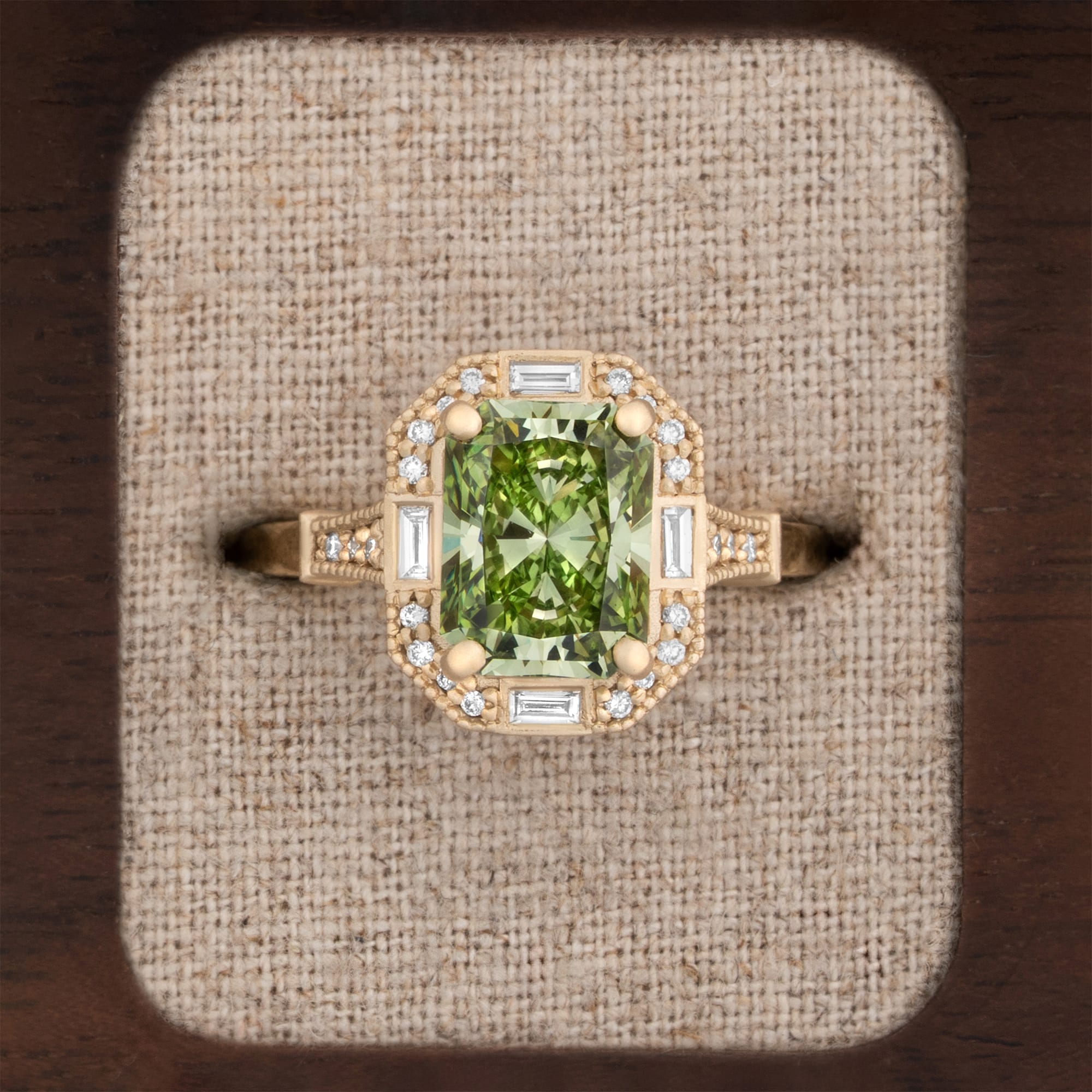 Antique inspired radiant green diamond ring — 1