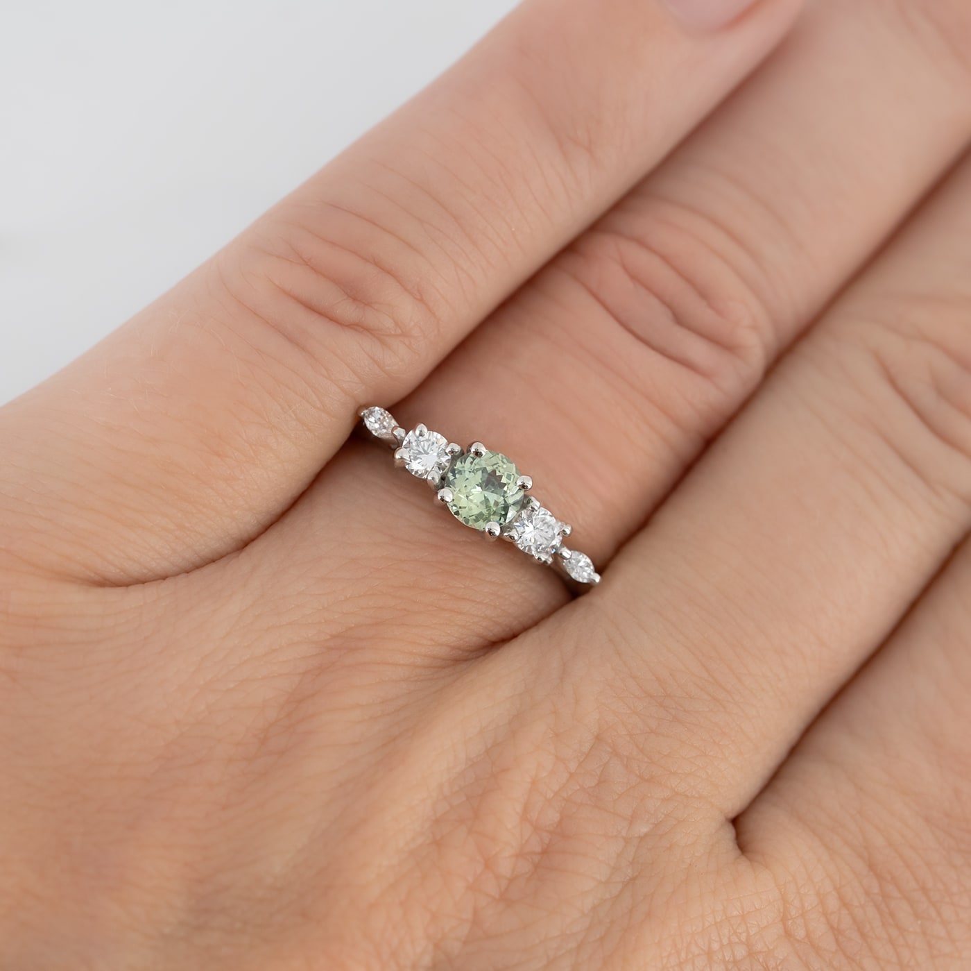 Precision seafoam green sapphire and diamond trellis ring  — 2