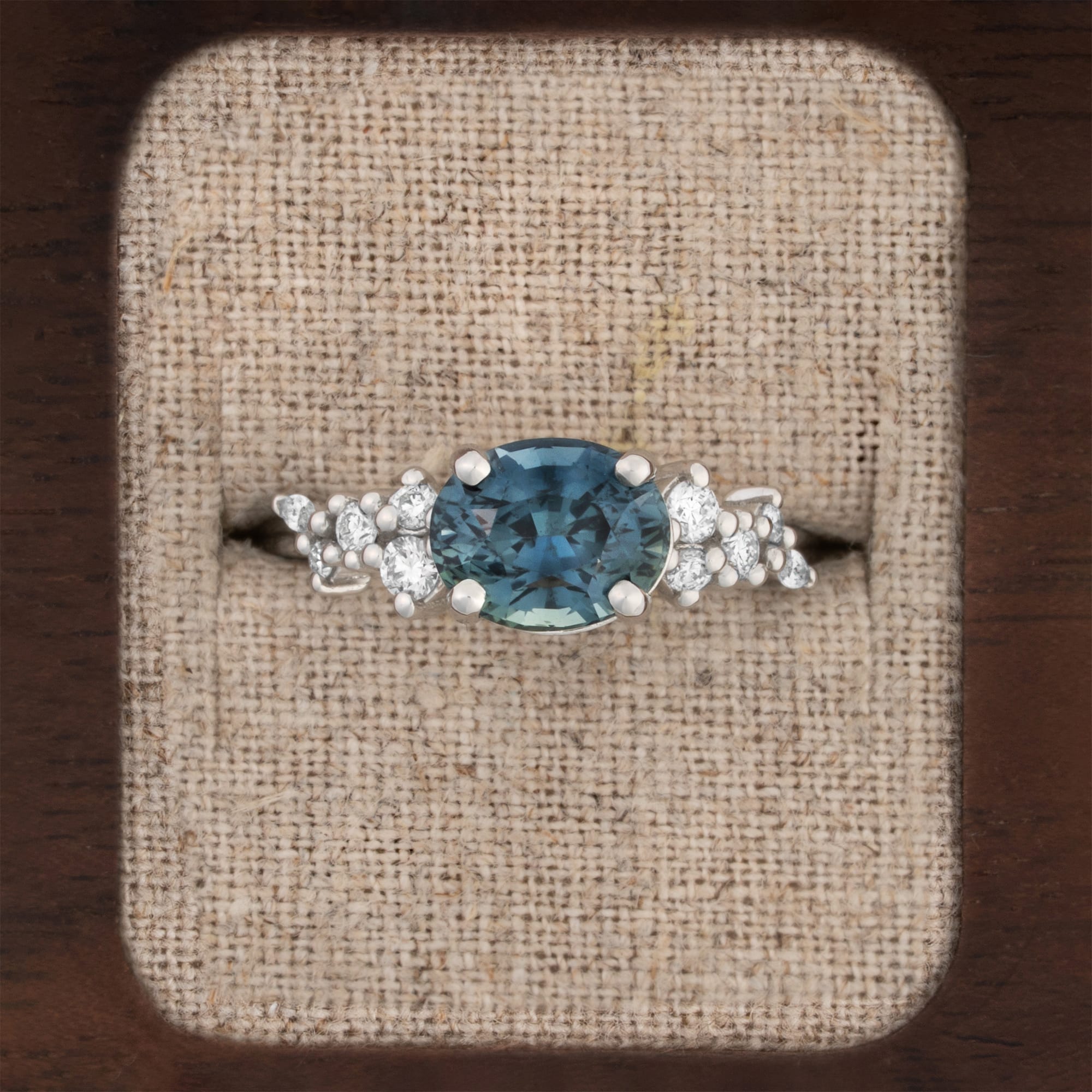 'Hazel' Ocean teal sapphire and diamond floral ring