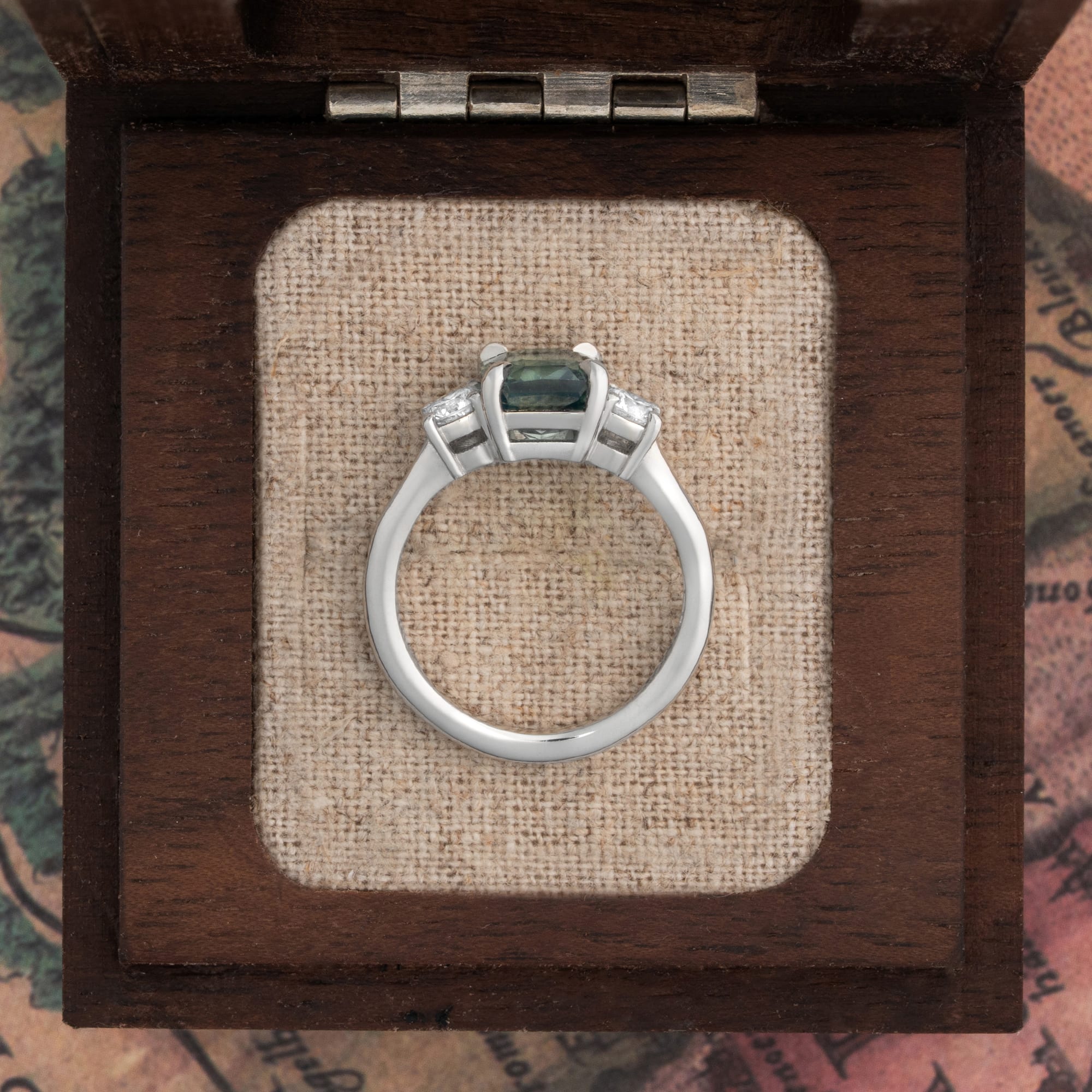 Radiant cut teal sapphire and diamond trilogy ring — 5