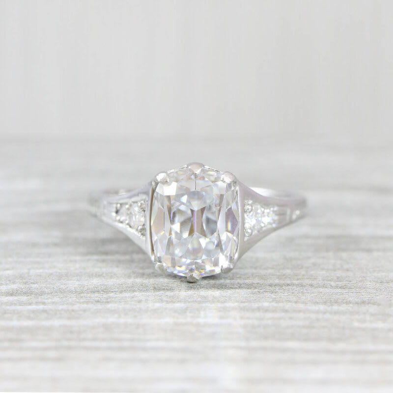 Cushion Cut Moissanite and Diamond Art Deco Engagement Ring